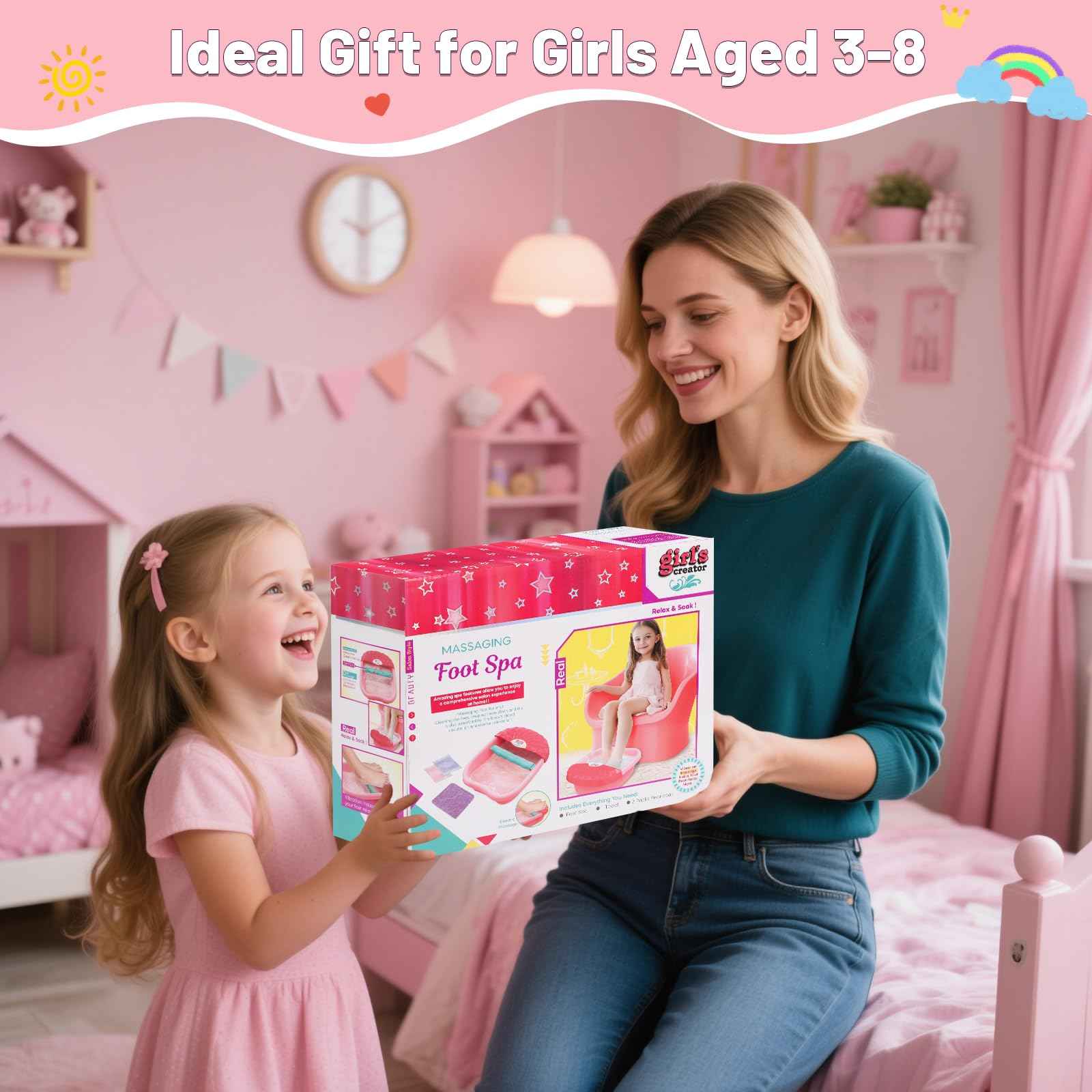 Kids Foot Spa Kit with Pedicure Set for Girls 3-8, All-in-1 Kids Spa Day Kit with Bubble Soak & Massage, Sleepover Party Birthday Gifts