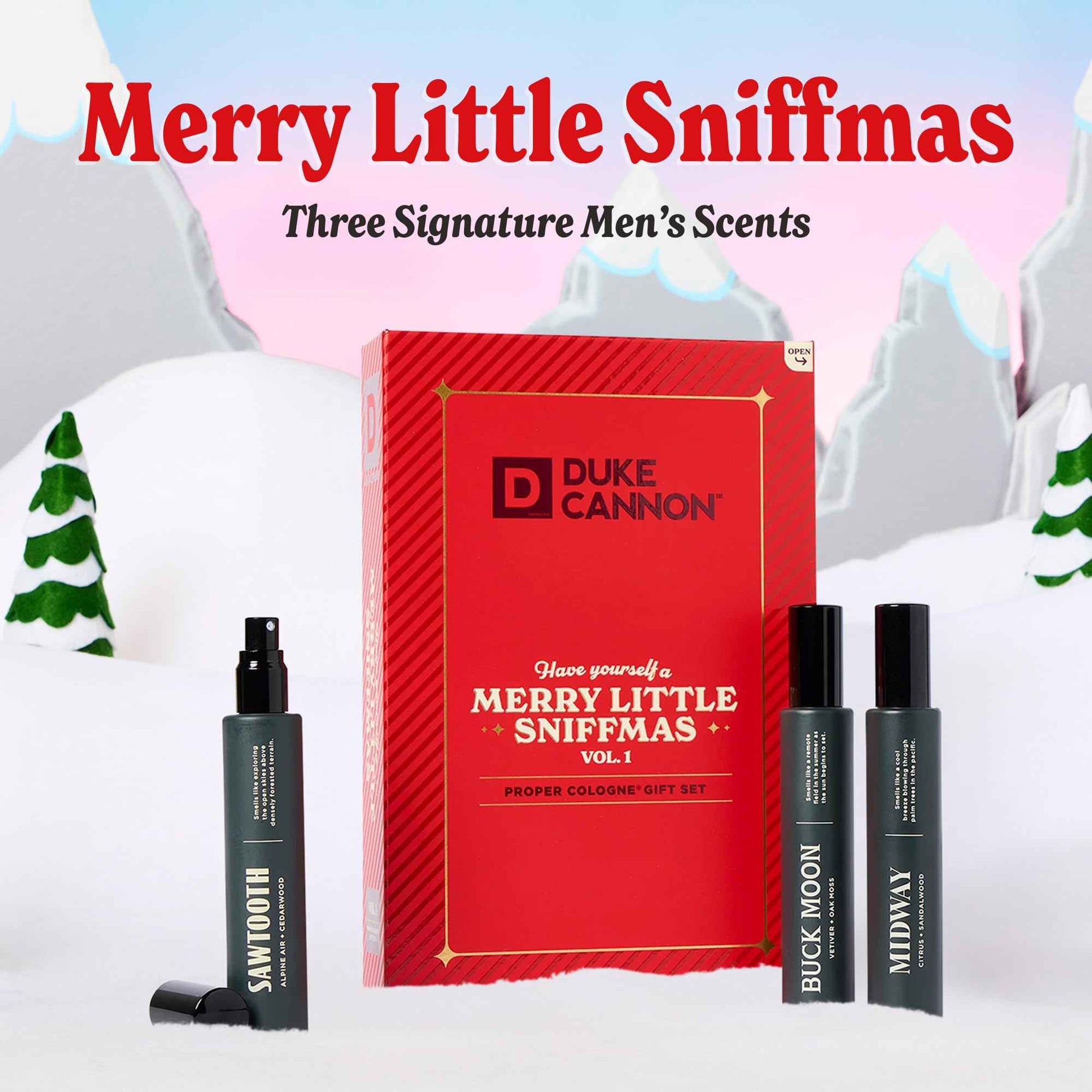 Duke Cannon Merry Little Sniffmas Giftset - travel-sized trio of Duke Cannon Proper Cologne® - Holiday Cologne Gift Set - eau de parfum - Sawtooth, Buck Moon, Midway