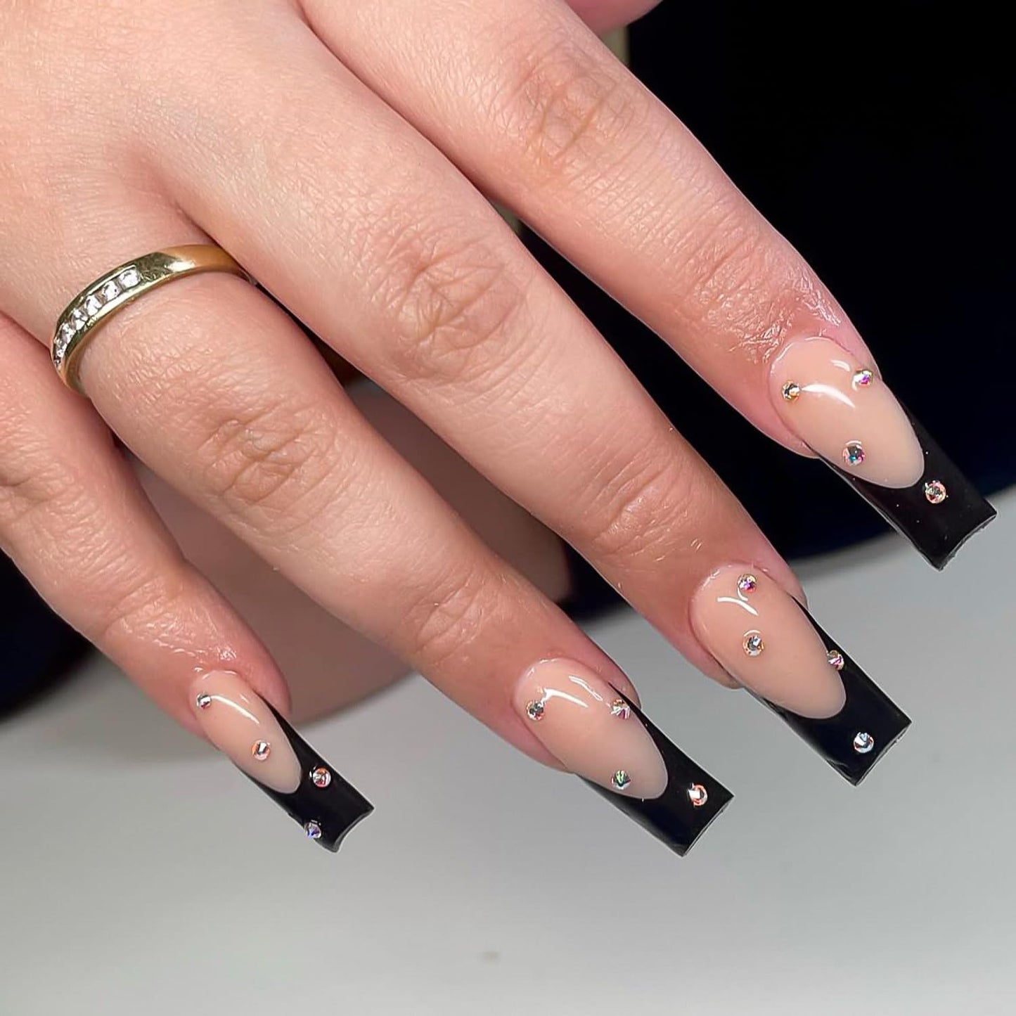 French Tip Press on Nails Medium Square Fake Nails Full Cover Black Nude False Nails with Rhinestones Designs Acrylic Nails Glossy Stick on Nails Nail Decorations for Women Manicure 24Pcs