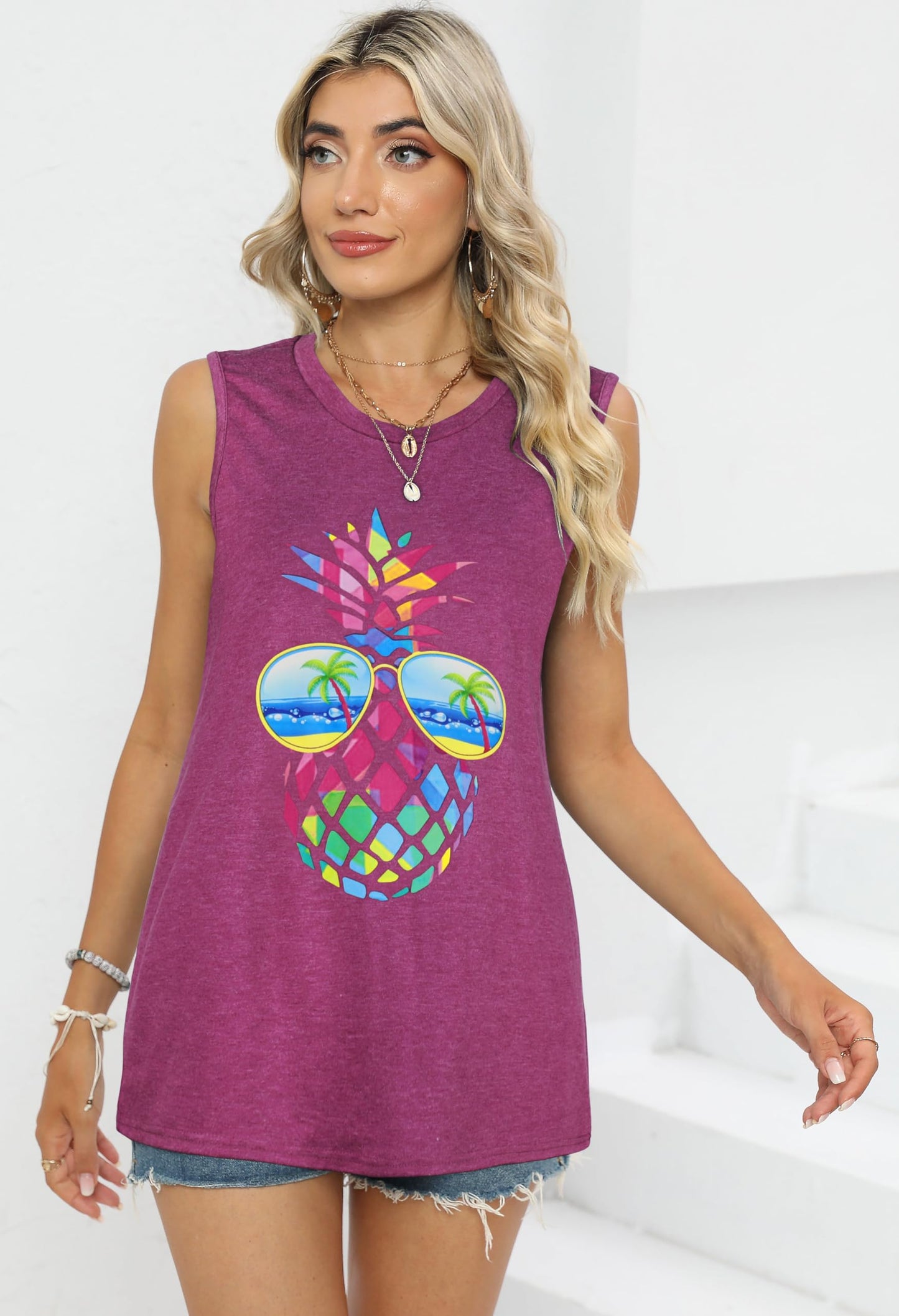 Womens Summer Tops Sleeveless Tank Top Crew Neck Loose Fit Tunic Shirts Blouse (Purple Pineapple, S)