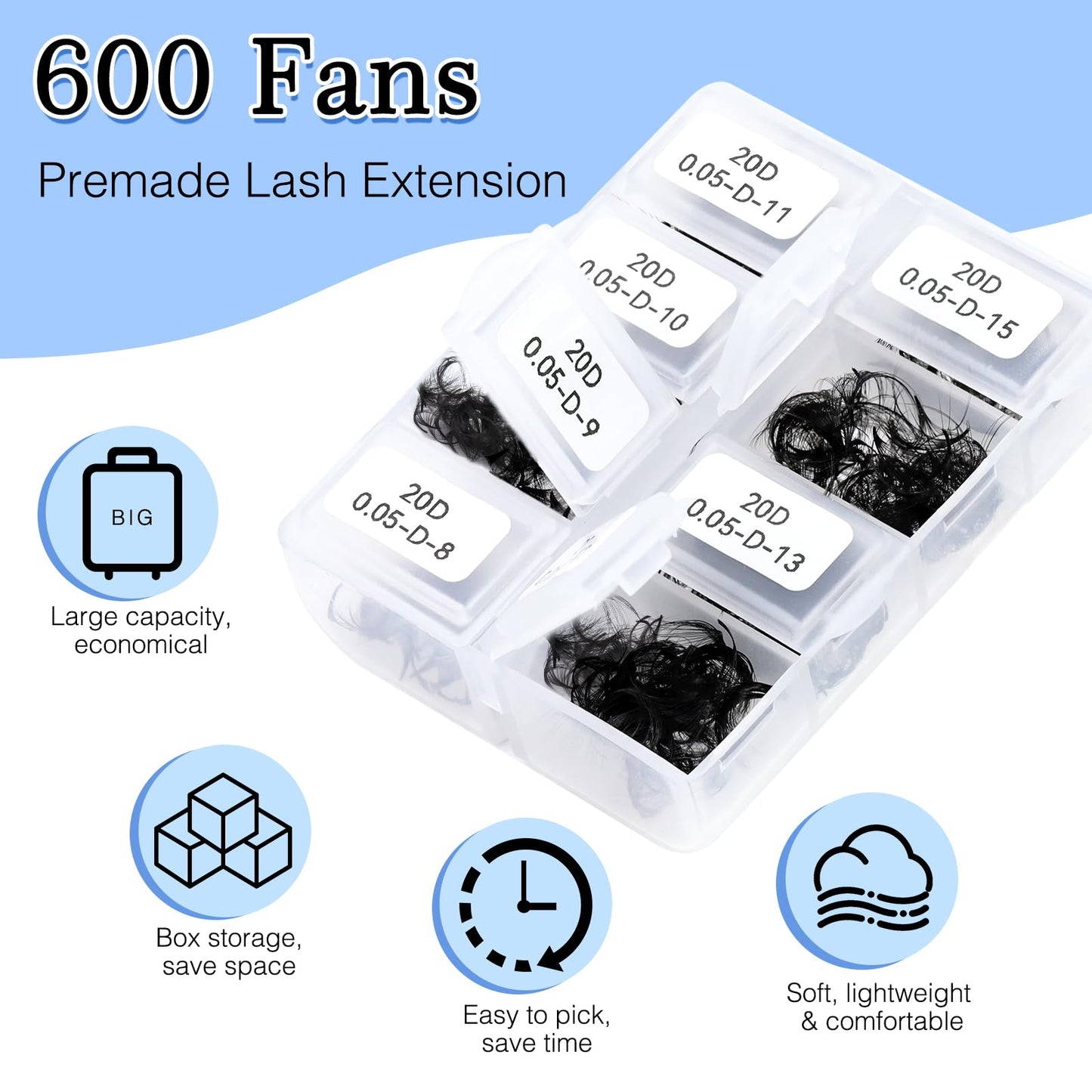 Obeyalash 600 Fans Premade Lash Fans Pre-made Lash Extensions Premade Volume Fans Eyelash Extensions Promade Loose Fans for Lash Extension Supplies Handmade Lash Premade Fans (20D-0.05D-D, 8-15mm)