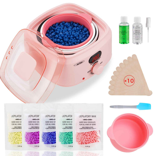 Sunvivi Waxing Kit, Brazilian Wax Warmer for Hair Removal with 5 Bag Hard Wax Beads, Digital Display Melt Warmer Kit for Women Men Full Body, Legs, Face, Bikini,Sensitive skin, Pink