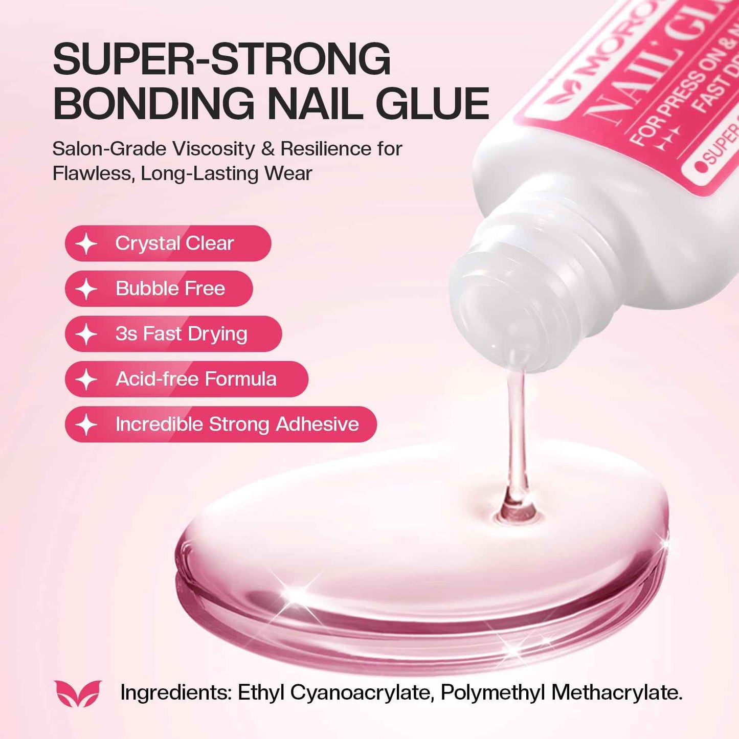 Morovan Super Strong Nail Glue: Nail Glue for Press Ons & Acrylic & Fake Nails Tips Brush on Long-Lasting Fast-Drying No U V Light Needed for Beginners DIY Home or Salon Manicure