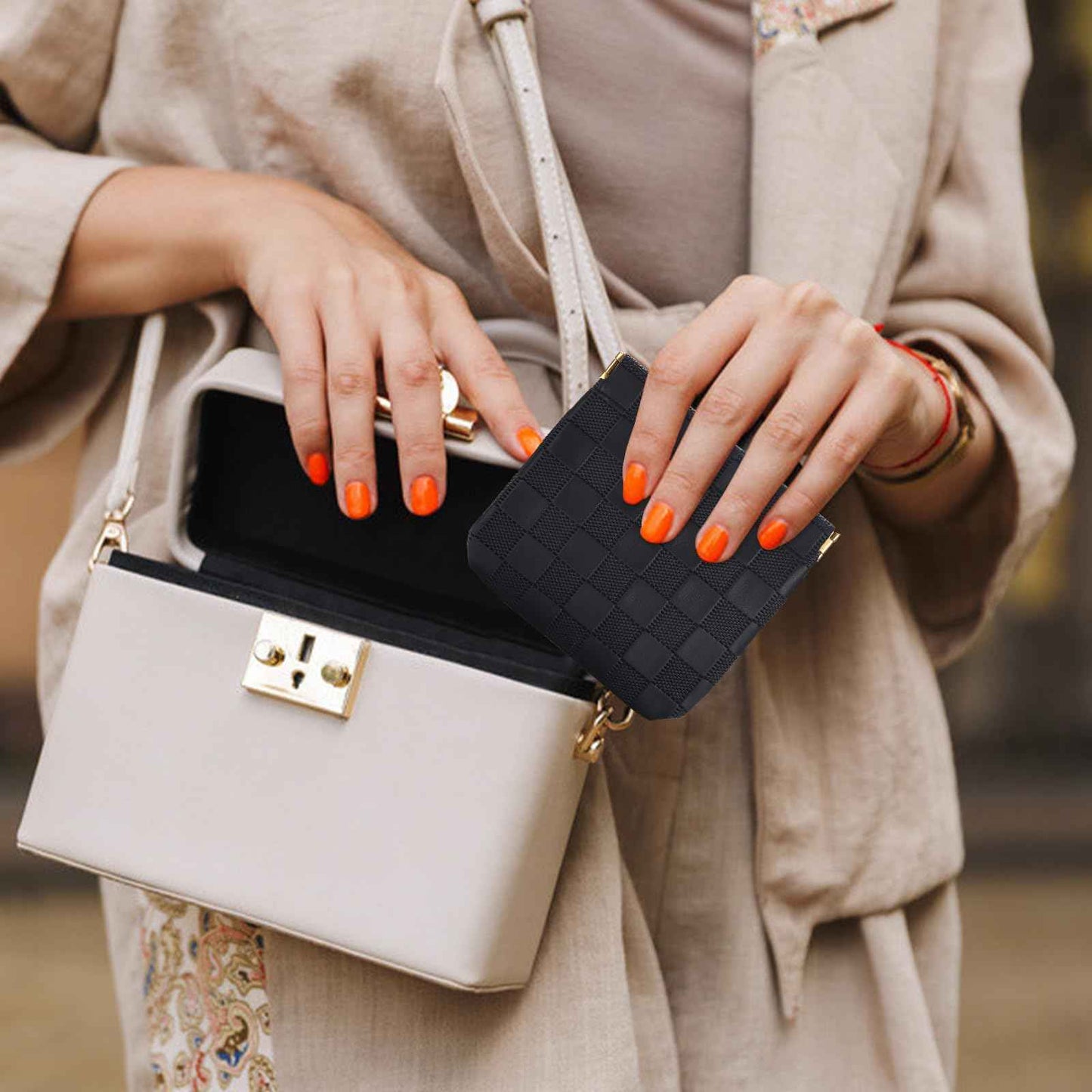 Sightor 2PCS Small Makeup Bag for Purse, Mini Cosmetic Bag Waterproof Pouch for Women, Checkered Purse Self-closing Small Travel Kit Coin Lipstick Cosmetic Storage Bag (Black, Beige)