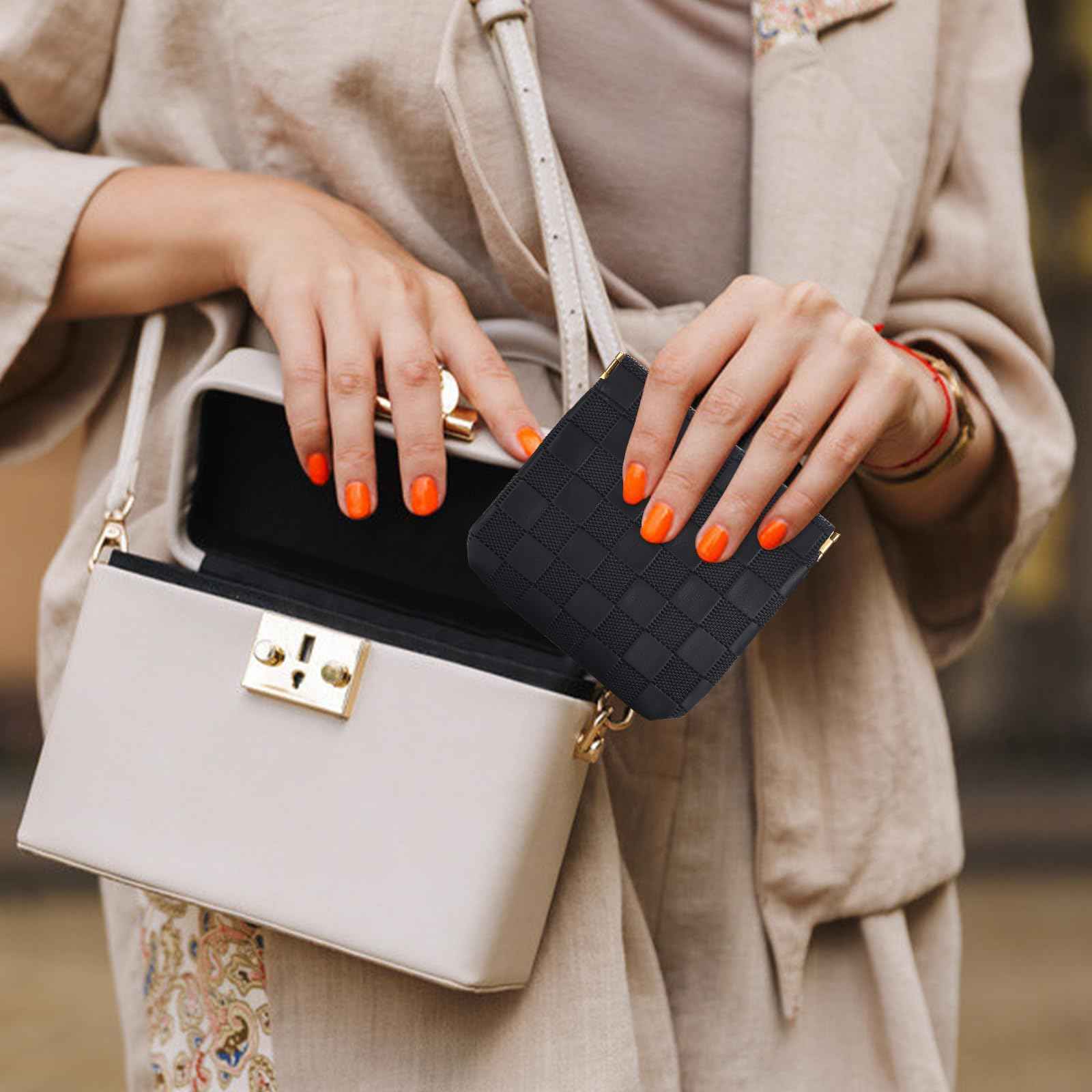 Sightor 2PCS Small Makeup Bag for Purse, Mini Cosmetic Bag Waterproof Pouch for Women, Checkered Purse Self-closing Small Travel Kit Coin Lipstick Cosmetic Storage Bag (Black, Beige)