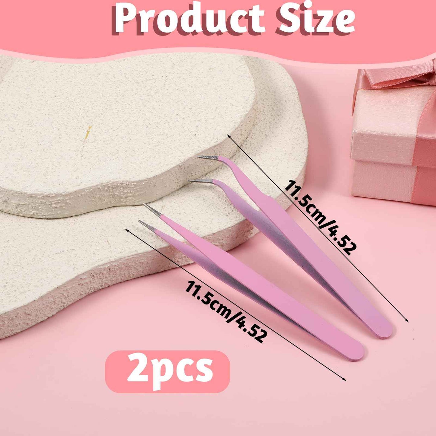 Tweezers for Crafting, 2PCS Sticker Tweezers Pink Craft Tweezers Stainless Steel Lash Cluster Tweezers Straight and Curved Nail Tweezers Eyelash Tweezers for Lash Extensions Scrapbooking Jewelry Tools