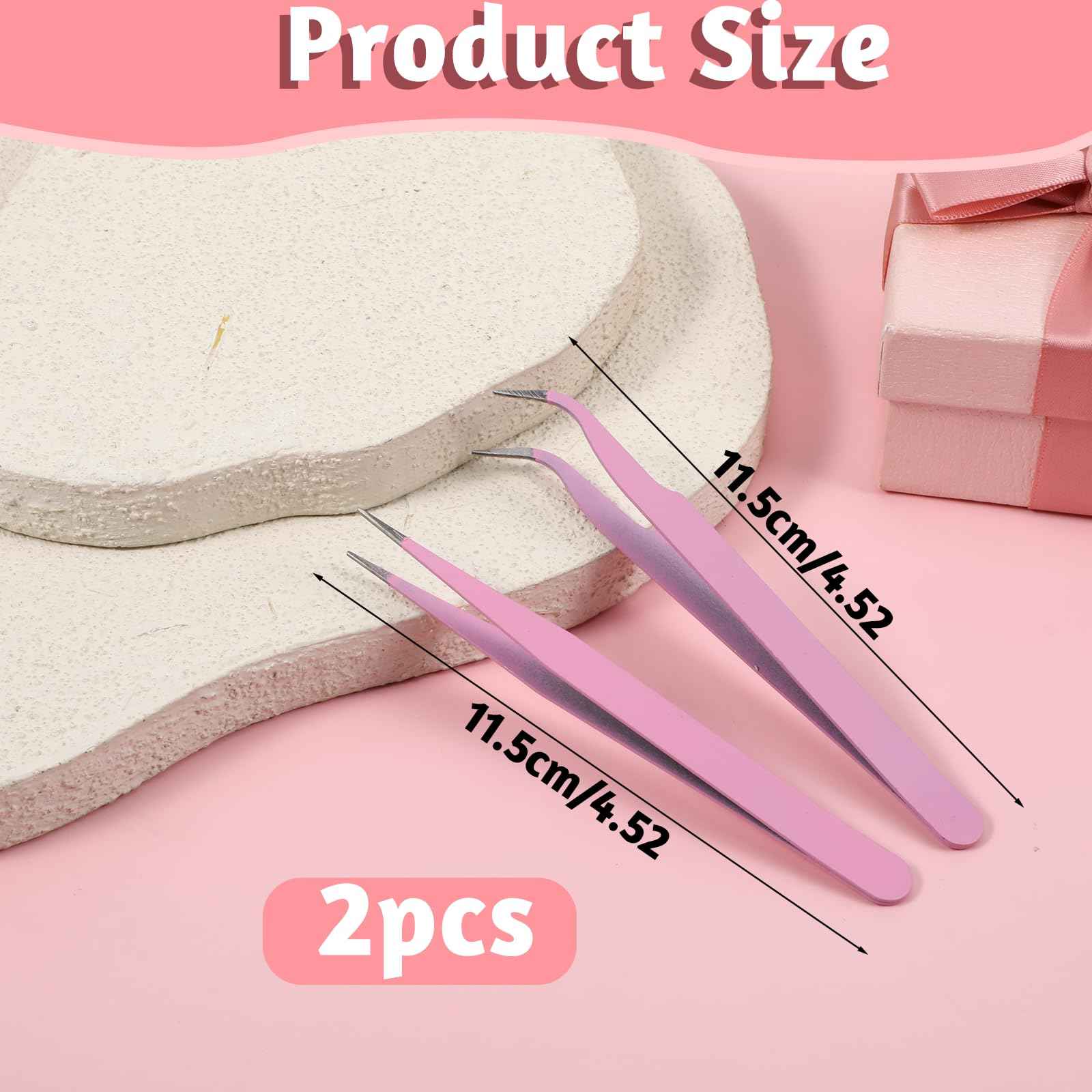 Tweezers for Crafting, 2PCS Sticker Tweezers Pink Craft Tweezers Stainless Steel Lash Cluster Tweezers Straight and Curved Nail Tweezers Eyelash Tweezers for Lash Extensions Scrapbooking Jewelry Tools