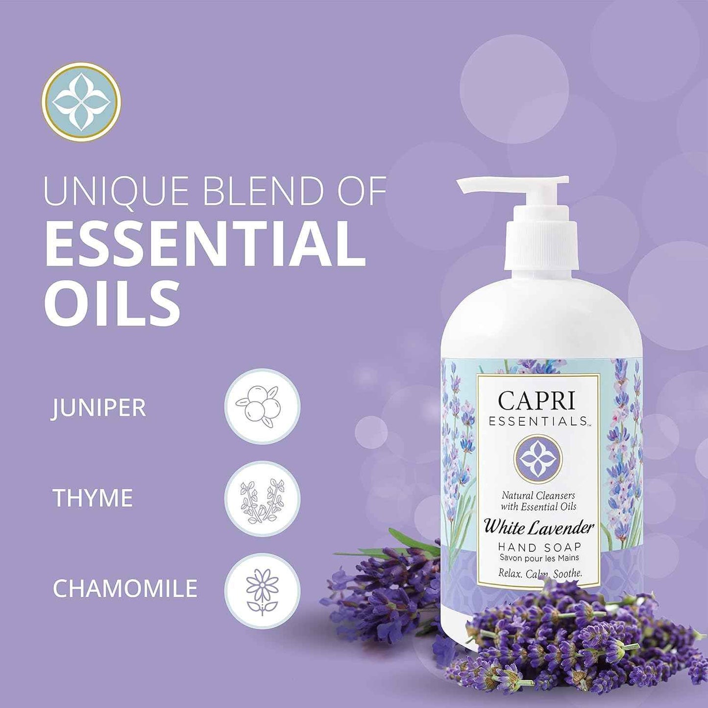 CAPRI ESSENTIALS Hand Soap Liquid, Natural Household Cleaning Supplies, Gentle Plant Based Aromatic Hand Wash, Blend of Essential Oils, Removes Dirt & Grime, White Lavender Scent, 16 FL Oz (6 Pack)