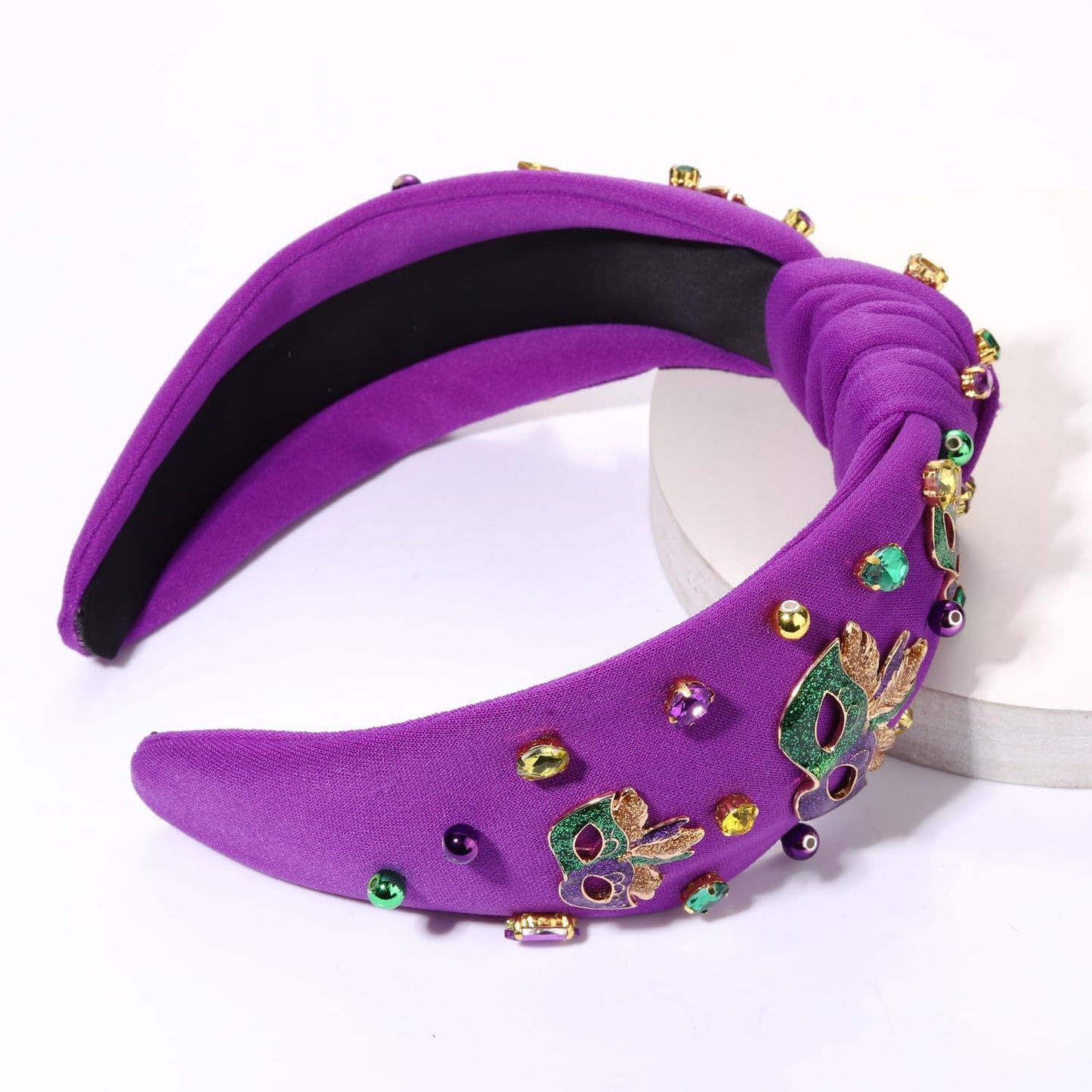 GLBCC Mardi Gras Headband for Women Mardi Gras Masks Knotted Headband Accessories Purple Rhinestone Beads Jeweled Wide Hairband Carnival Parade Outfit Decorations (Mask Mardi Gras hairband purple)