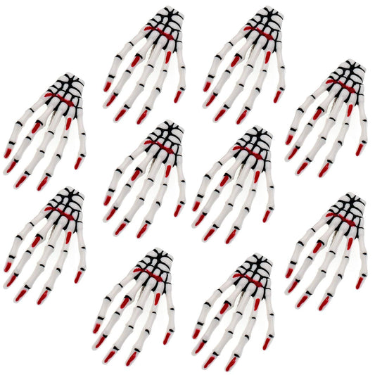 10Pcs Skeleton Hands Hair Clips 3" Skull Hand Bone Shape Halloween Party Hair dress Accessories, Red Nail