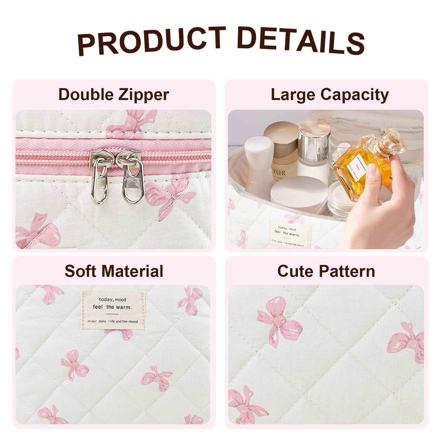 GISMTR 3Pcs Makeup Bag Cotton Quilted Travel Cosmetic Bag Cute Floral Makeup Pouch Large Toiletry Bag for Women Girls (Bow-Pink)