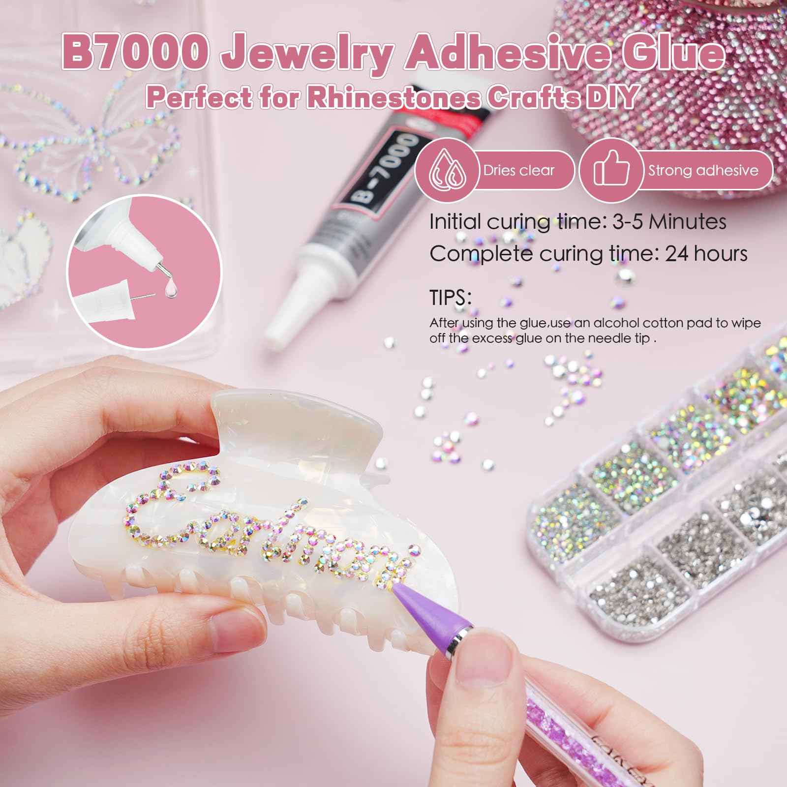 EARLMONI 2800PCS Rhinestones with 15ml B-7000 Rhinestone Glue, Pick Up Tweezers, Rhinestone Picker Pen, 6 Sizes Silver AB Crystal Nail Gems for DIY Crafts Clothing Tumblers Shoes Fabric Nail Art