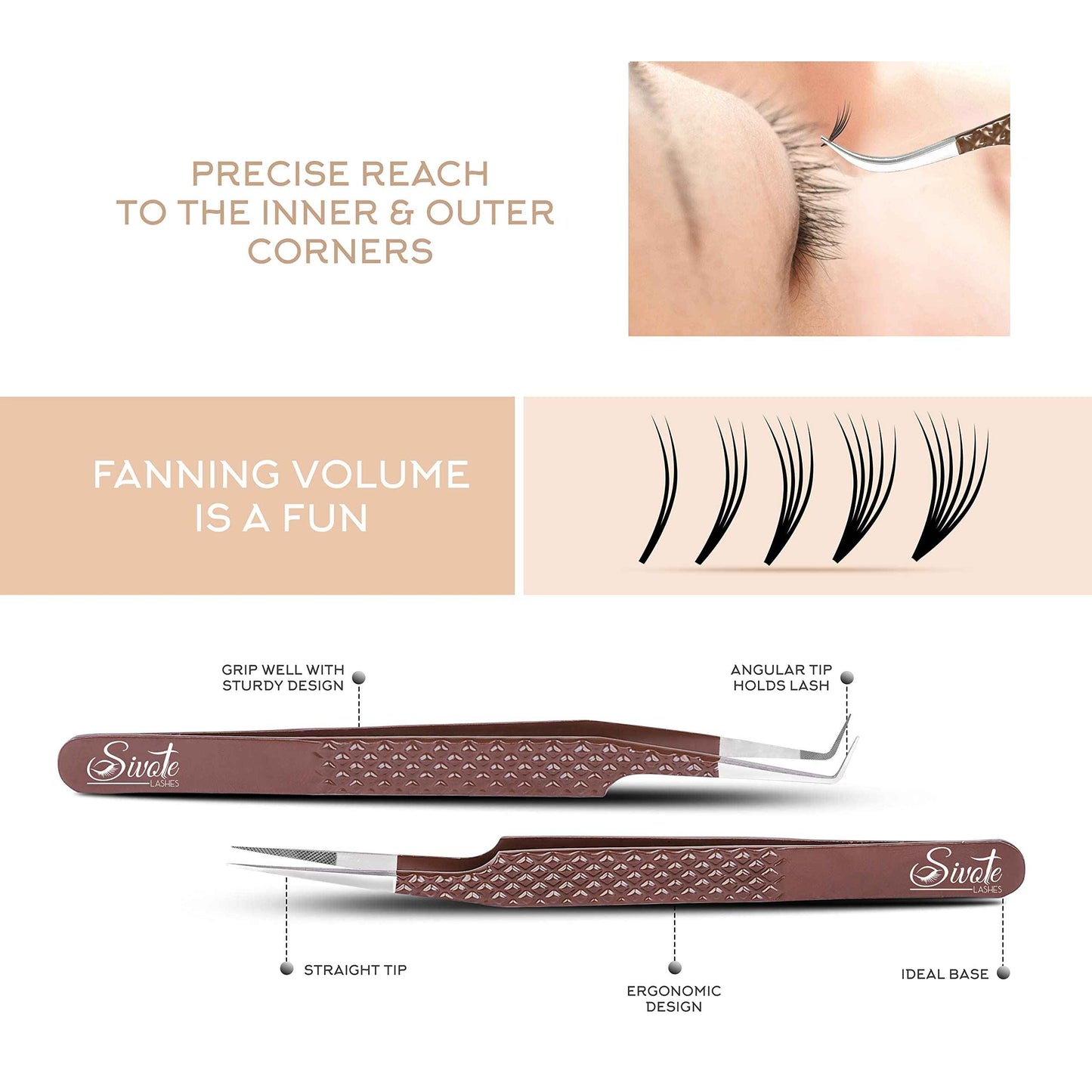 SIVOTE Lash Extension Tweezers Fiber Tips, Set of 4, Curved, Dolphin, 90 Degree & 45 Degree Tweezer, Chocolate
