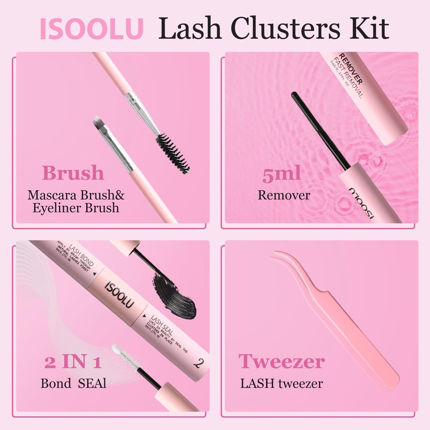 ISOOLU Lash Clusters Kit 480pcs DIY Lash Extension Kit Individual Eyelash Extension Kit,30D+40D 9-16mm with Cluster Lashes ，2pcs Bond and Seal，Lash Tweezers，Eyelash Brush.