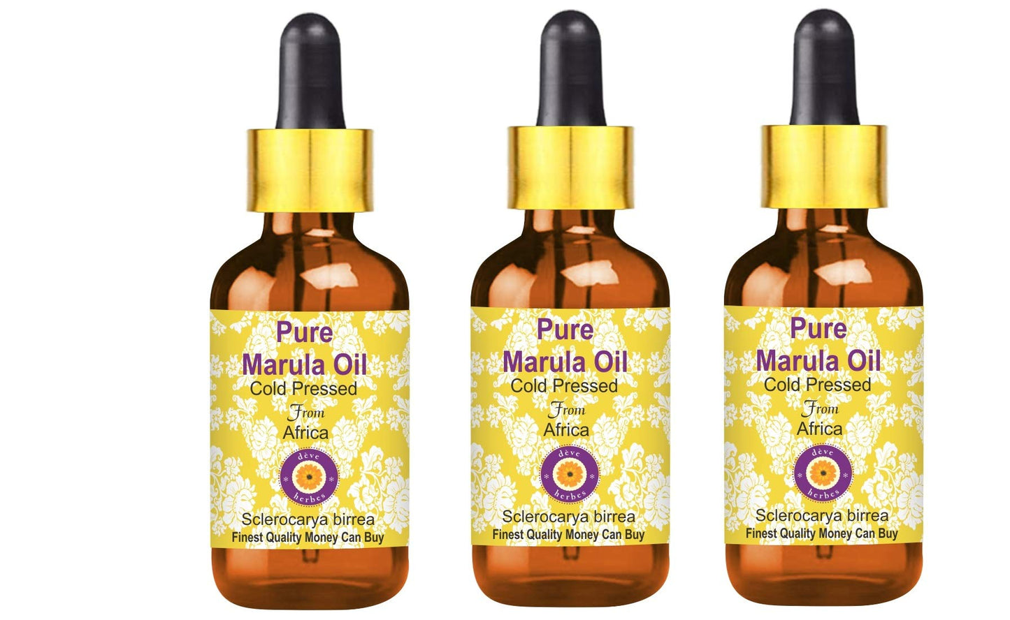 dève herbes Pure Marula Oil (Sclerocarya birrea) with Glass Dropper Cold Pressed (Pack of Three) 100ml X 3 (10 oz)