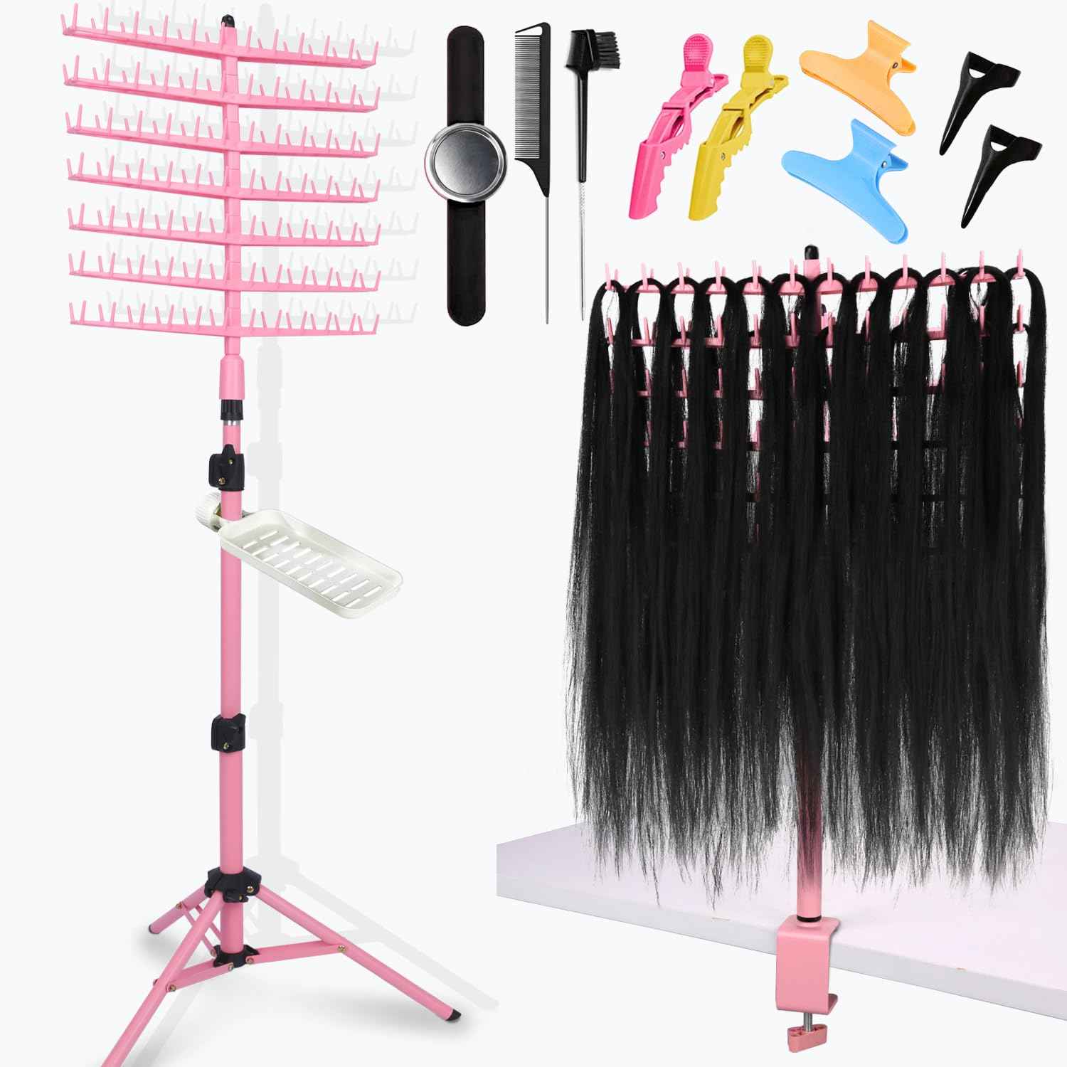 poipoilu Height Adjustable Braiding Hair Rack 168 pegs, Dual-use Braid rack with Clamp (Pink)