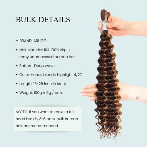 AUROO Braiding Hair P4/27 Honey Blonde Highlight Deep Wave Bulk Human Hair For Braiding 100g, 12A No Weft Virgin Ombre Brown Bundles Wet n Wavy Curly Micro Braiding Hair For Boho Knotless Braids 16 in
