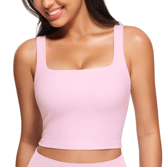 CRZ YOGA Butterluxe Womens Square Neck Longline Sports Bra - Workout Crop Tank Tops Padded with Built in Shelf Yoga Bra Pink Peony X-Large