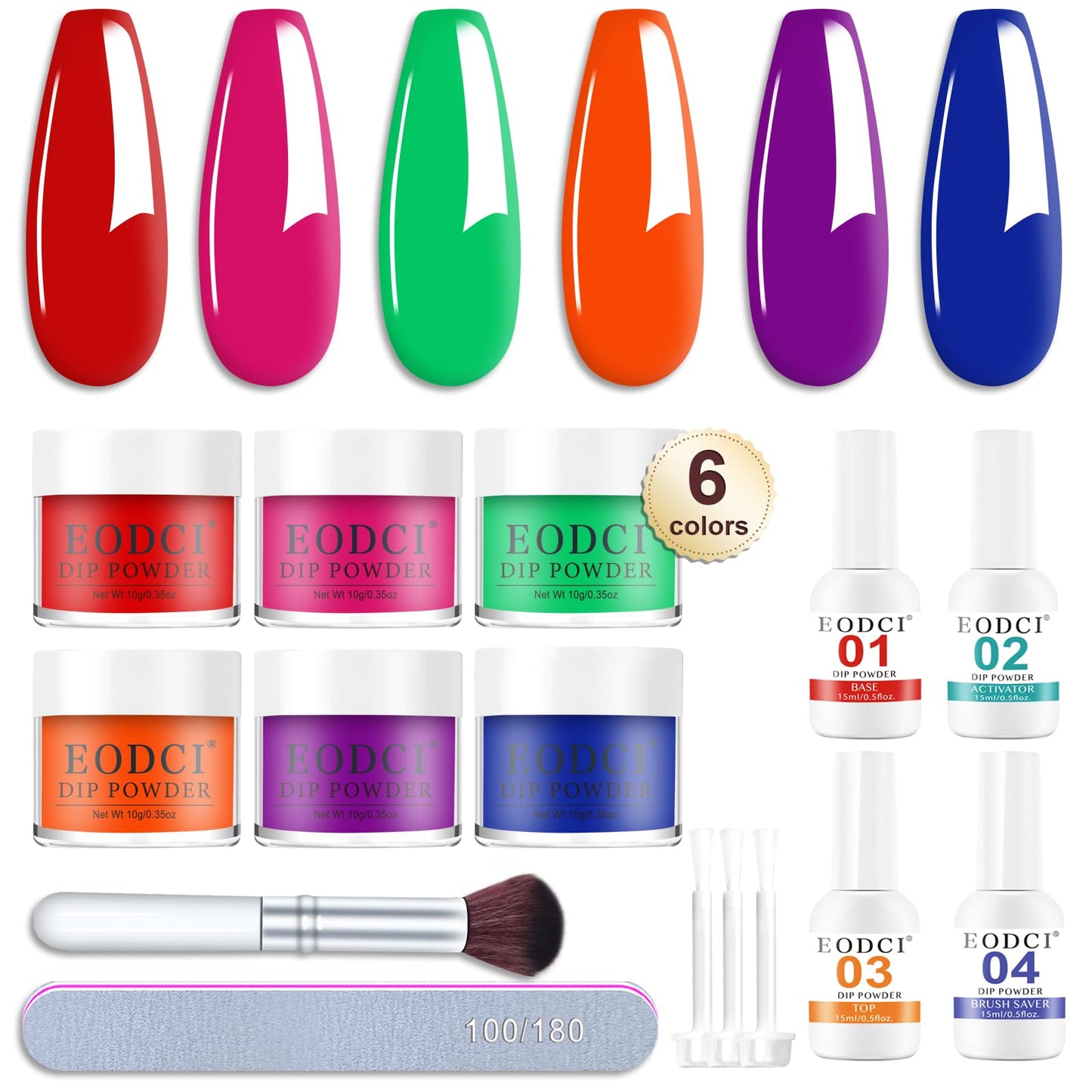 Eodci 15 Pcs Dip Powder Nail Kit Starter Kit, 6 Colors Pink Red Orange Green Blue Dipping Powder Kit with Base & Top Coat/Activator/Brush Saver, Nail Art Dip Manicure Kits Salon DIY for Women