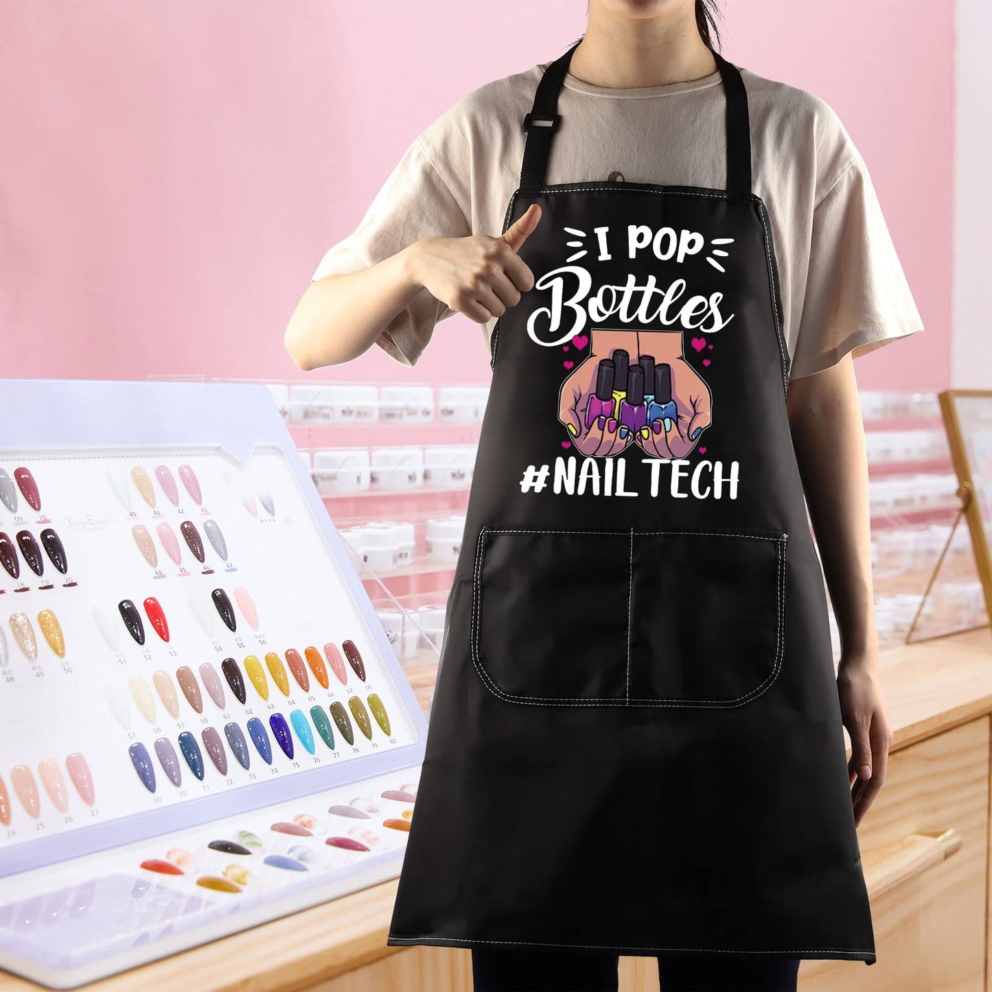 WZMPA Nail Tech Aprons With Pocket Nail Artist Gifts I Pop Bottles Nail Technician Apron For Nail Salons Nails Stylist (Nail Tech Black)