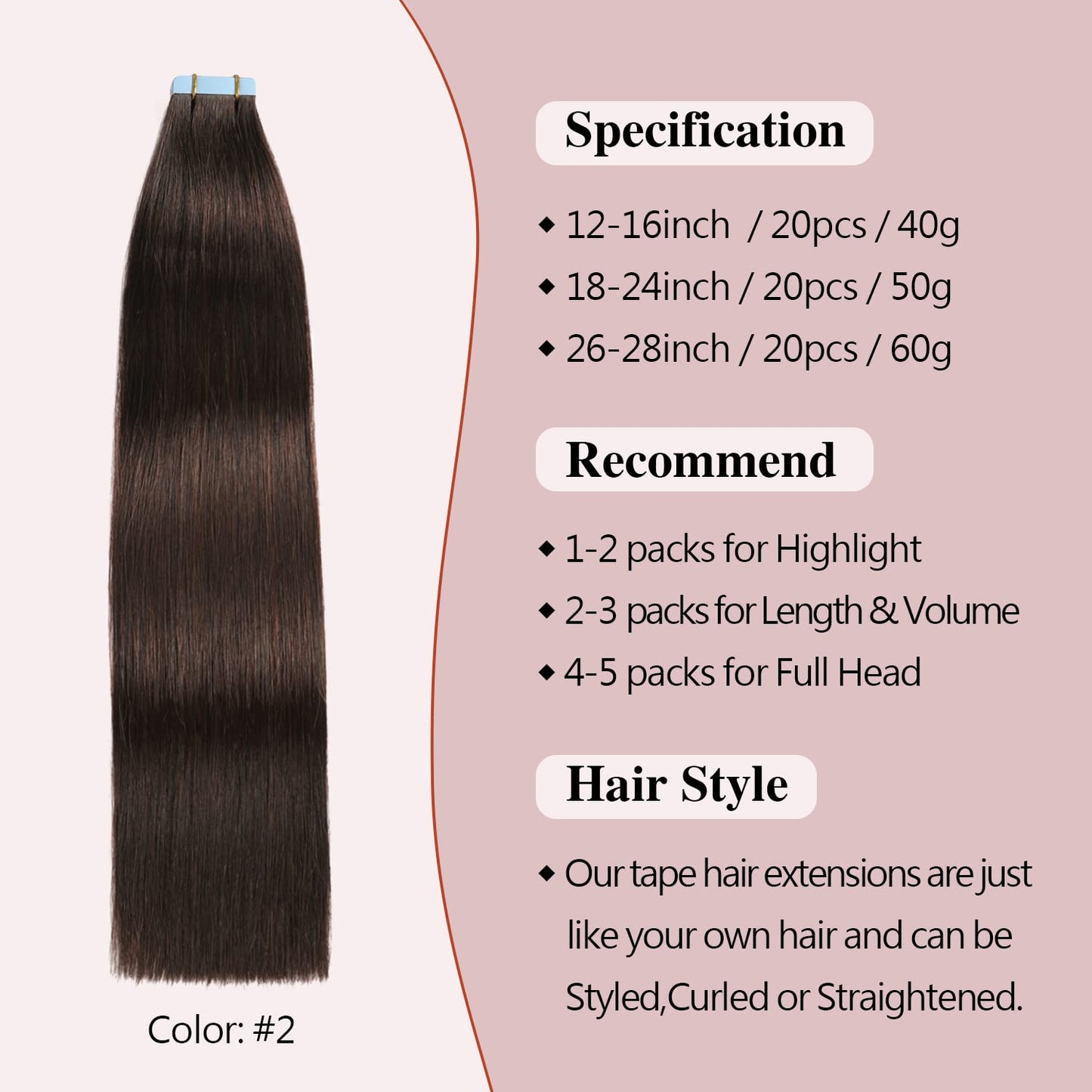 Sunya Tape in Hair Extensions Human Hair 14 inches Silky Straight Remy Human Hair Seamless Skin Weft Hair Extensions Tape in 14 inches #2 Dark Brown 40 Gram 20Pcs/Pack Thick Hair