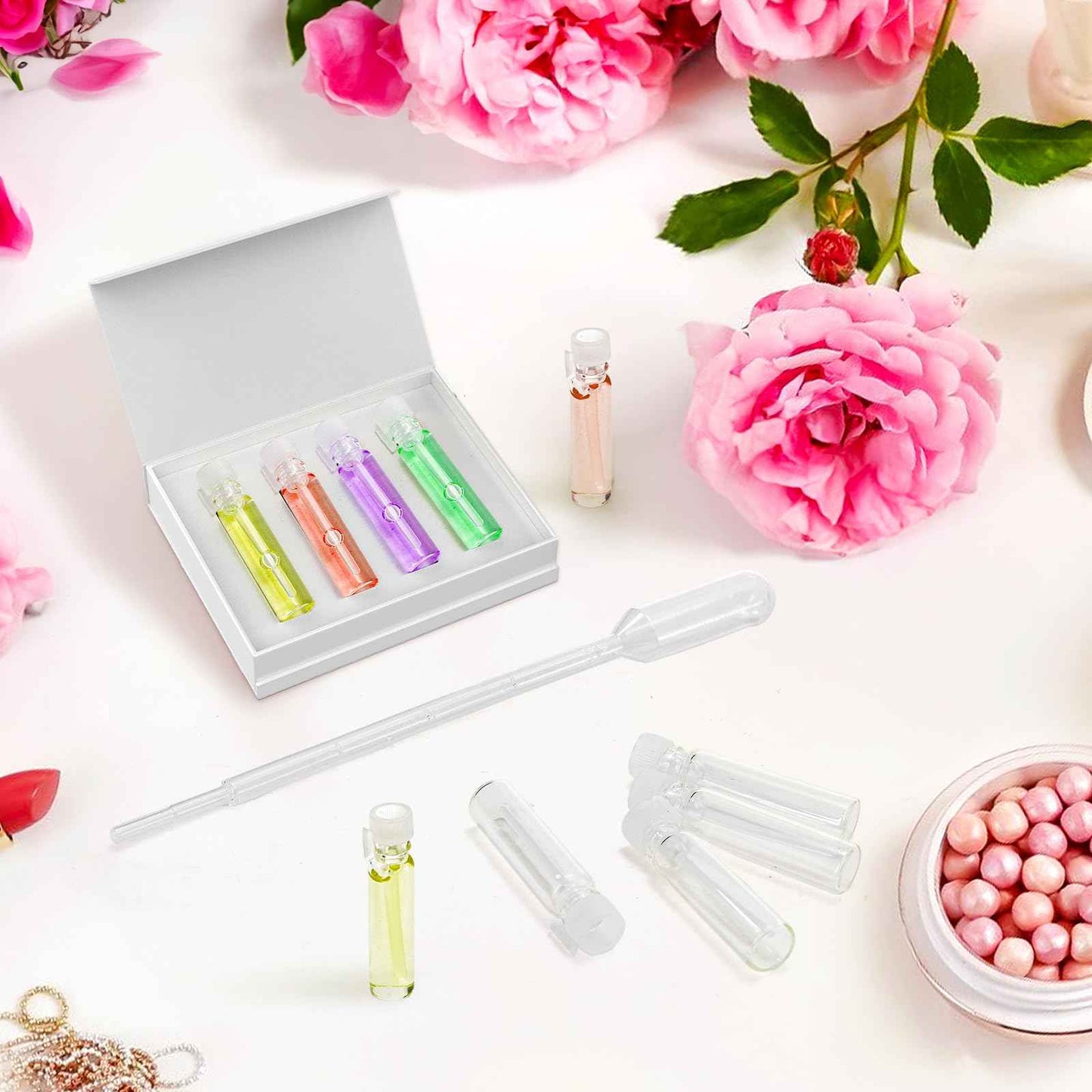 Mezchi 200Pcs Mini 1ml Clear Glass Perfume Sample Bottles with 5 Droppers, Empty Refillable Cologne Decant Bottles, Travel Tester Vials for Fragrance, Essential Oils, DIY Liquids