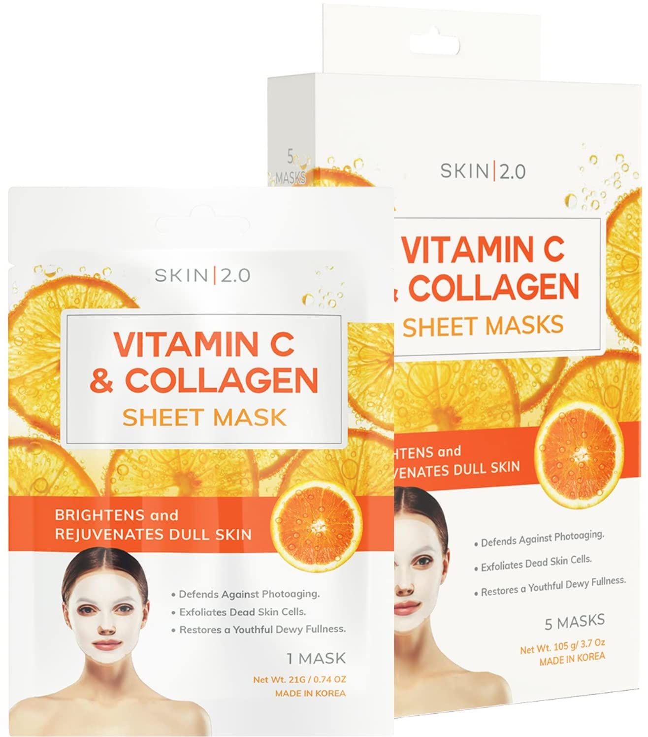 Skin 2.0 Vitamin C and Collagen Sheet Face Mask - Reduce Wrinkles & Age Spots, Moisturize, Hydrating Sheet Mask - Korean Skin Care - All Skin Types - 5 Masks