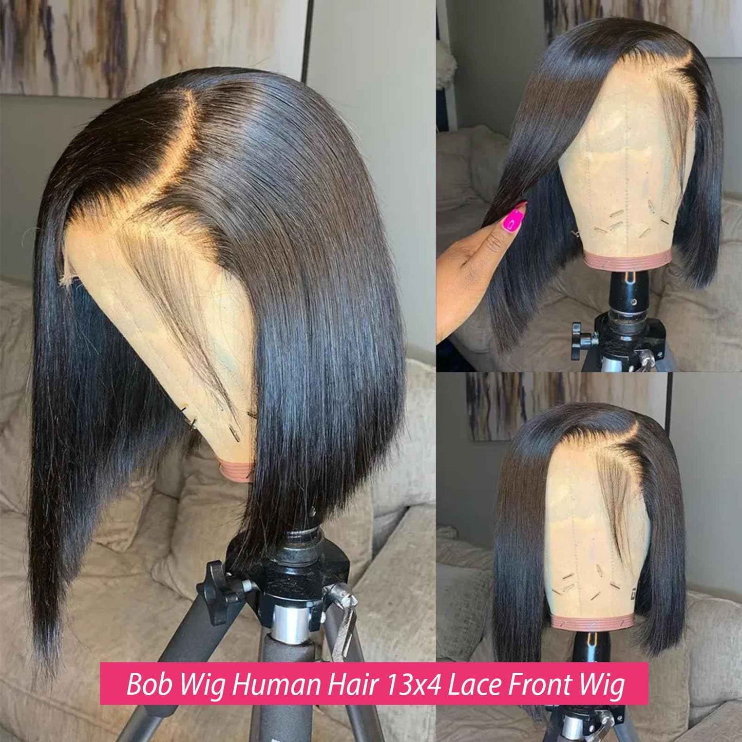 10 Inch Short Bob Wigs Natural Color Pre Plucked 180% Density Black Bob Glueless Wig Human Hair Free Part Natural Black Lace Front Wig