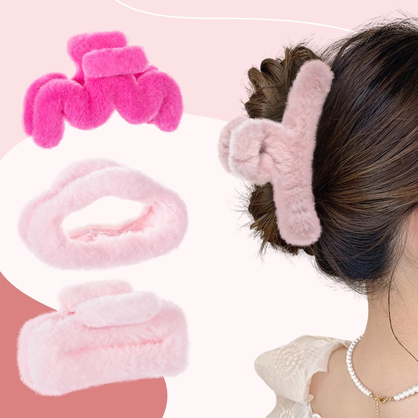 Yonchic 4-Piece Faux Fur Hair Accessories, Different Shapes, Strong Hold Non-Slip Clips for Thin/Medium Thick Hair (Pink)