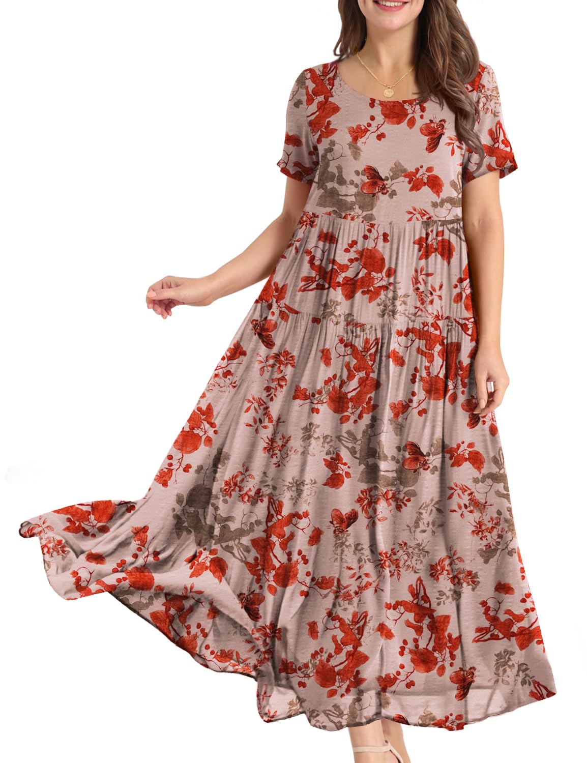 YESNO Women Casual Loose Bohemian Floral Dress with Pockets Short Sleeve Long Maxi Summer Beach Swing Dress M EJF CR421