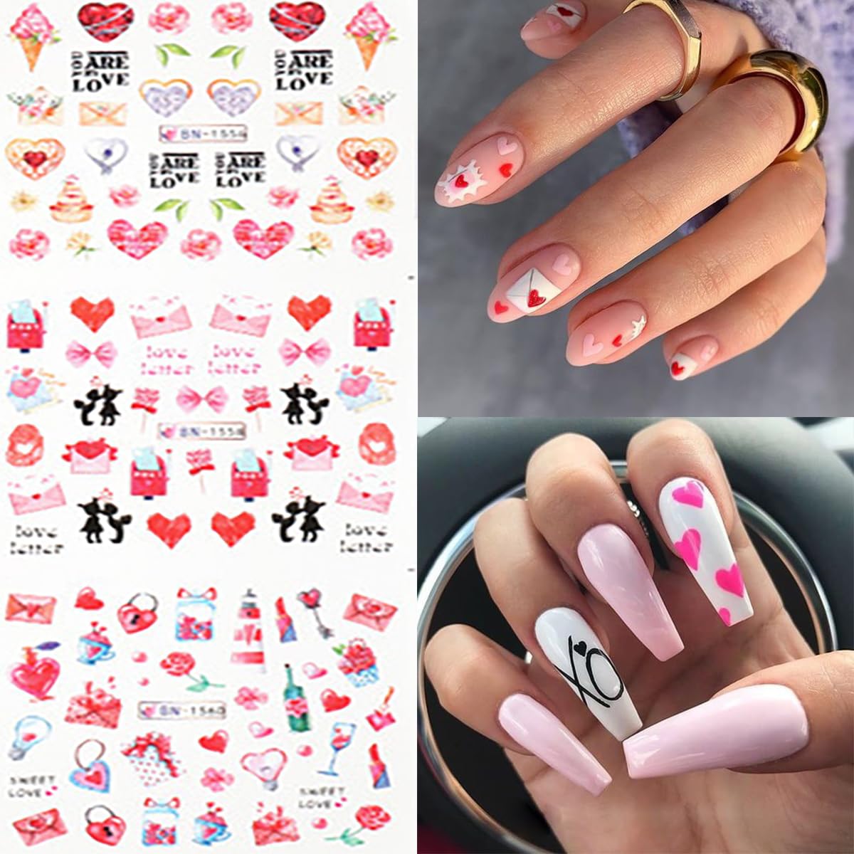 12 Sheets Valentine's Day Nail Stickers Water Transfer DIY Self-Adhesive Nail Stickers Heart Rose Love Sexy Lips Lipstick Valentines Nail Art Tattoo Stickers Nail Decoration for Women Girls