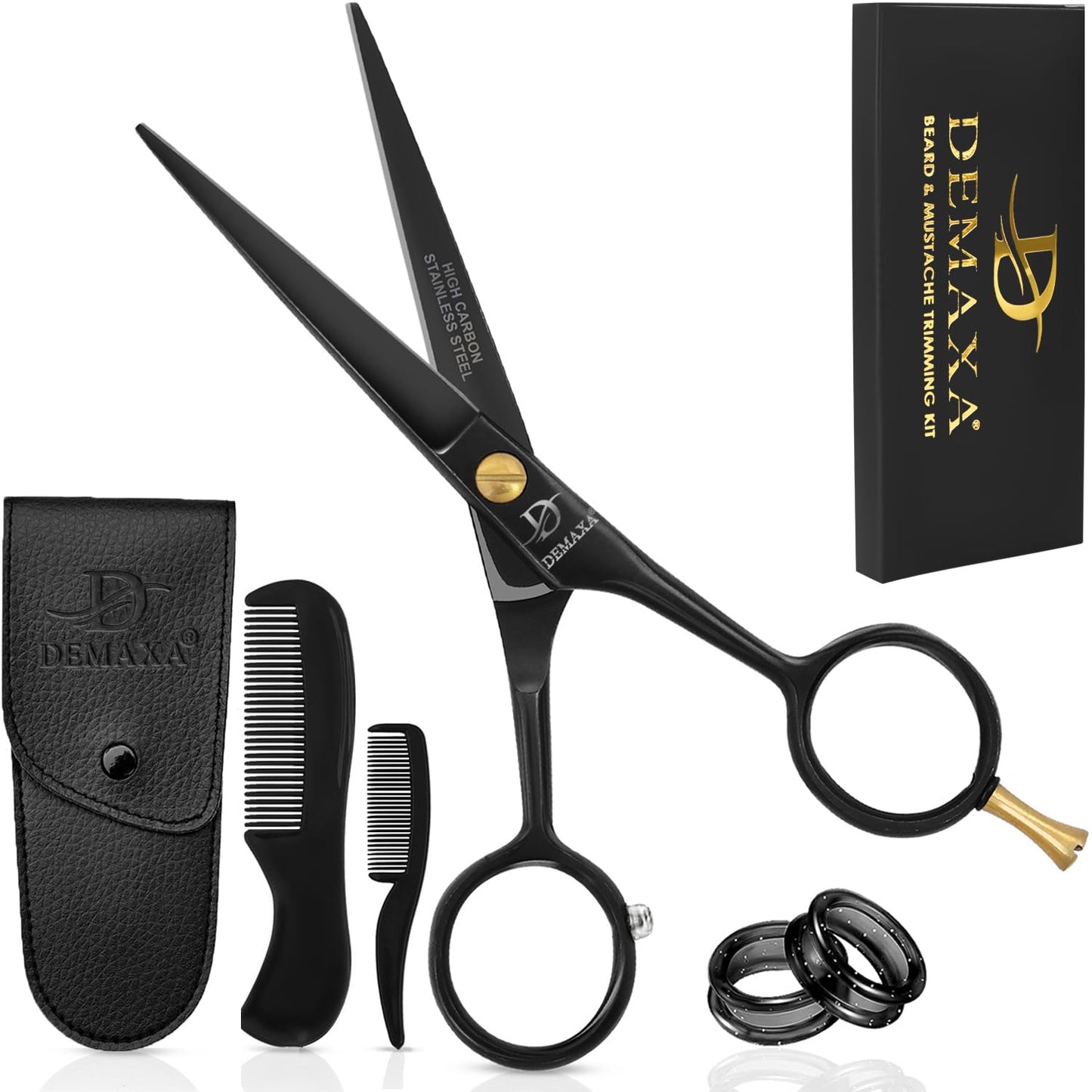 DEMAXA 5" Professional Beard Mustache Scissors with 1 Mustache Comb, 1 Beard Comb & Soft Pouch – Prefect Beard Trimming Scissors for All Facial Hair Scissors – Grooming Scissors Men (Black)