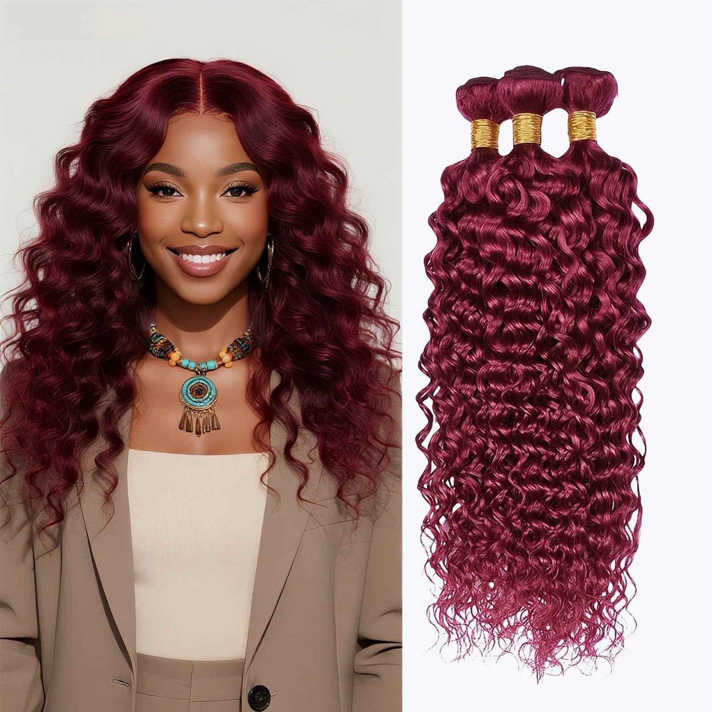 LUMWAV 99J Burgundy Deep Wave Human Hair Bundles 8 10 12 Inch 3 Bundles Brazilian Remy Hair Extensions Curly Weave Soft Bouncy Sew In for Black Women