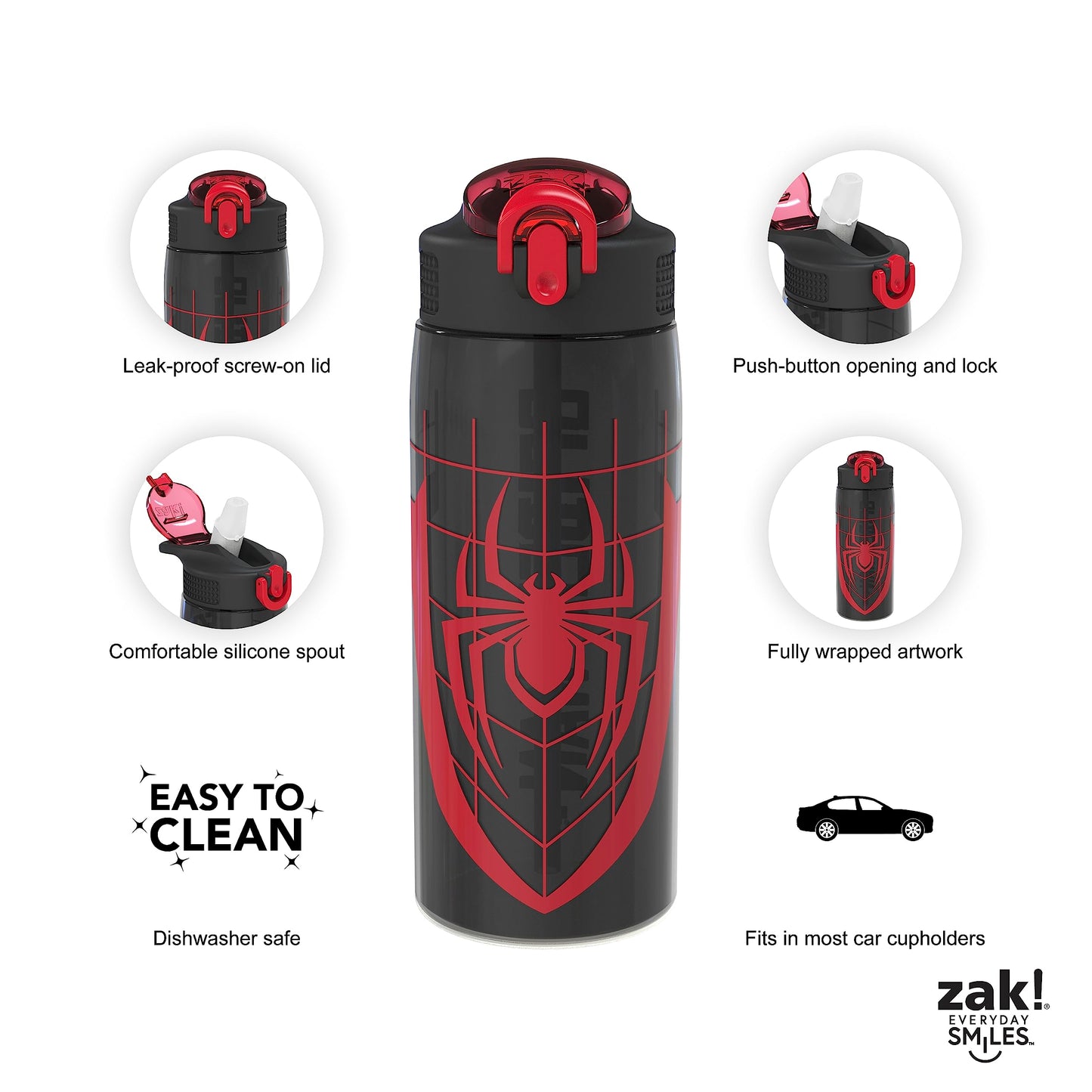 Zak Designs Marvel Spider-Man Water Bottle For School or Travel, 25 oz Durable Plastic Water Bottle With Straw, Handle, and Leak-Proof, Pop-Up Spout Cover (Spider-Man)