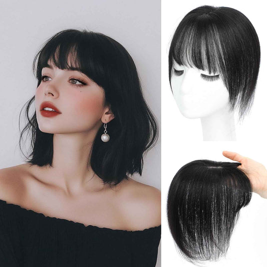 Hair Toppers for Women Real Human Hair， 360° 3D Cover Hair Topper Clip in Bangs 10 Inch Realistic Scalp Pieces for Women with Thinning Crown (Black, Wispy Bangs)