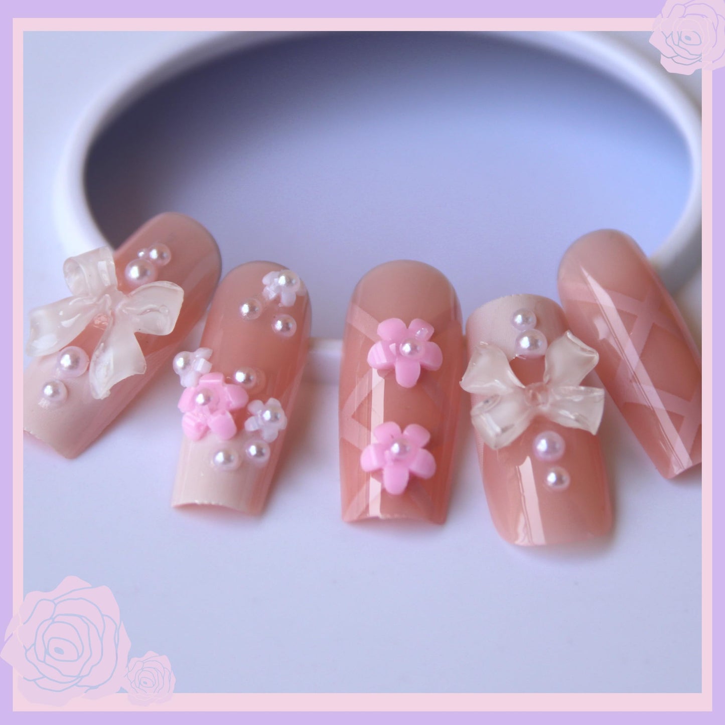 Pink Press on Nails Kit with Charms Gems French Tip Nails Press Ons Medium Square Fake Nails Artificial Coffin Gel Like Glossy 3D Flower Pearl White Bowknot False Nail Manicure for Women Girl