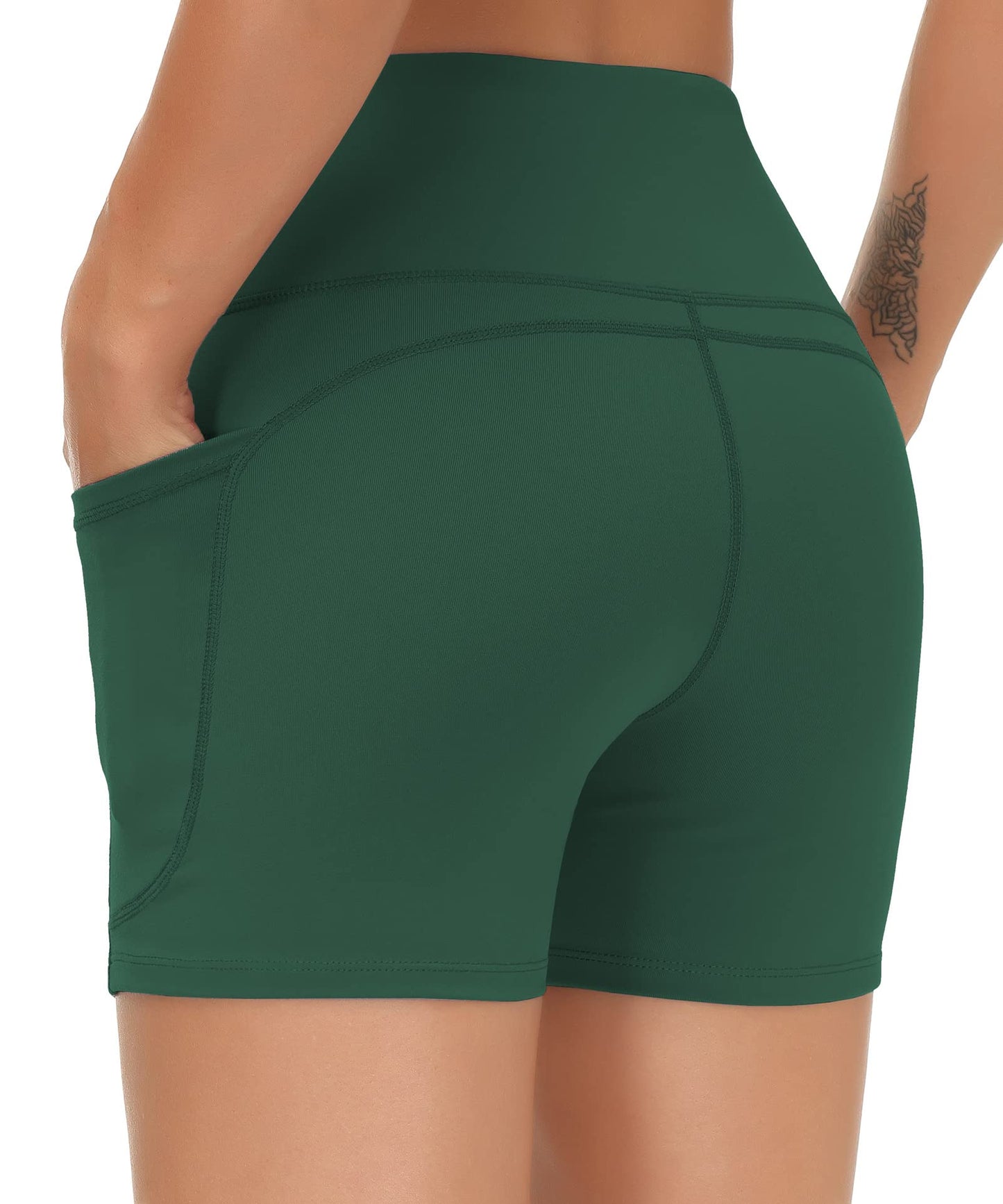 THE GYM PEOPLE High Waist Yoga Shorts for Women's Tummy Control Fitness Athletic Workout Running Shorts with Deep Pockets (Small, Dark Green)