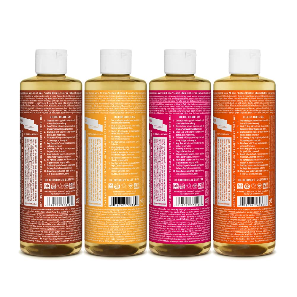 Dr. Bronner's - Pure-Castile Liquid Soap Variety Pack - Citrus, Tea Tree, Rose, & Eucalyptus, Made with Organic Oils, 18-in-1 Uses: Face, Body, Hair, Laundry, Pets & Dishes (8oz, 4-Pack)