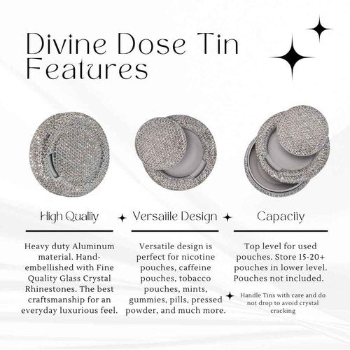 Bedazzled Metal Zyn Can | Divine Dose Rhinestone Metal Pouch Holder | Dual Compartment Aluminum Zyn Storage Tin | Lidden Container Storage Snus Can, Gift for Her (Silver)