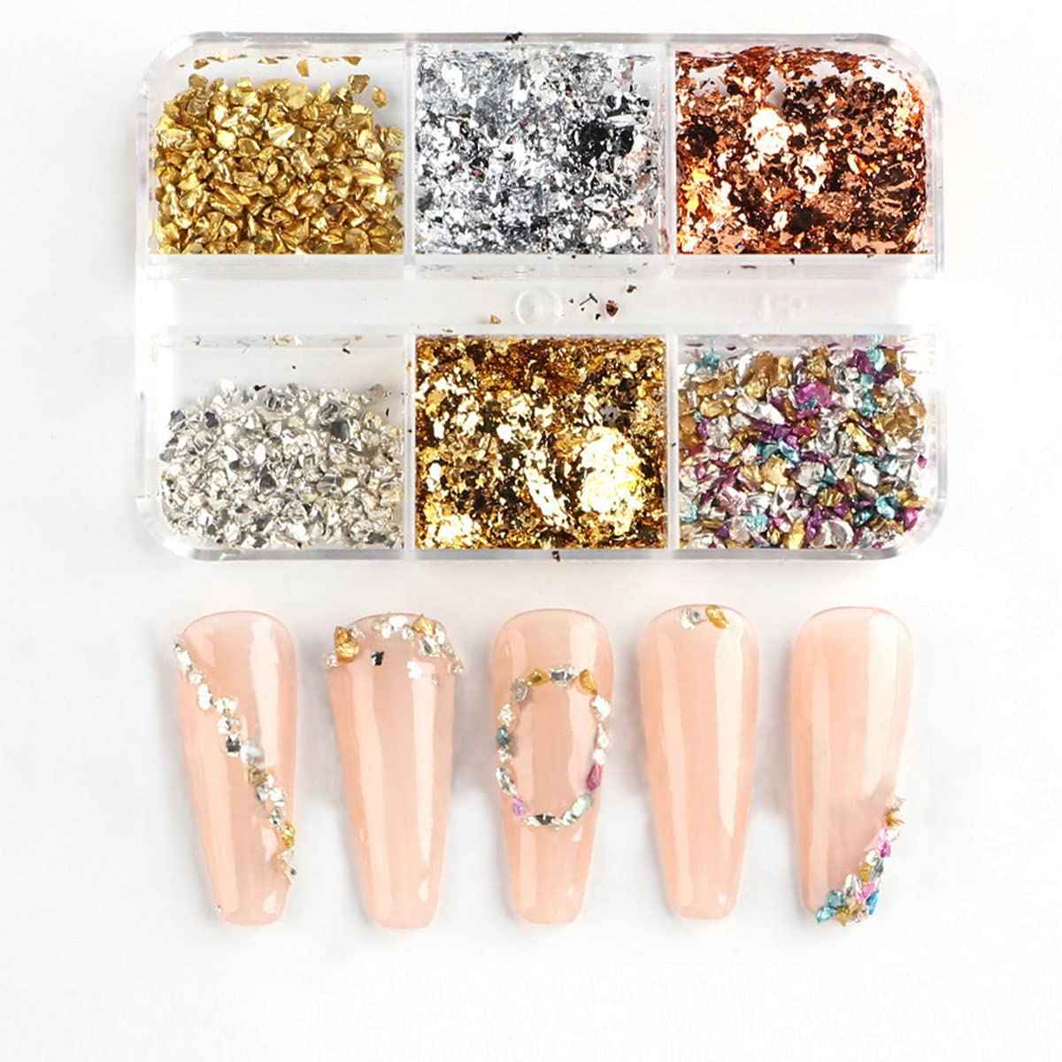 6 Grids Metallic Nail Art Foil Flakes, Gold Nail Glitter, Holographic Sequins, 3D Sparkly Aluminum Foil, Silver Nail Supplies for Women Girls