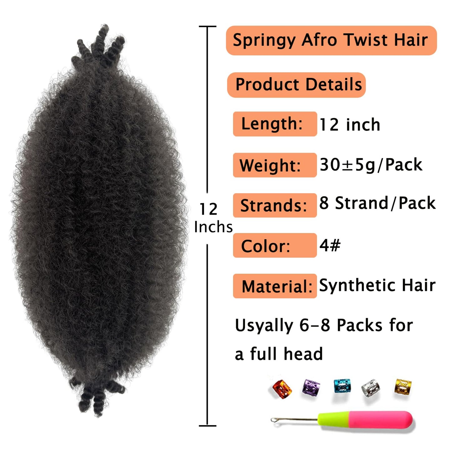 Afro Twist Hair 12inch 3 Packs Springy Afro Twist Hair for Twist Soft Locs Synthetic Pre Fluffed Marley Twist Braiding Hair for Women (12 Inch (Pack of 3), 4#)