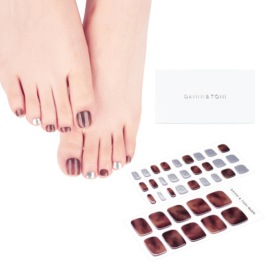 DANNI & TONI Semi Cured Gel Toenail Strips Amber (Sienna Glow) Silver Gel Toenail Stickers Ombre Gel Pedi Wraps 37 Stickers