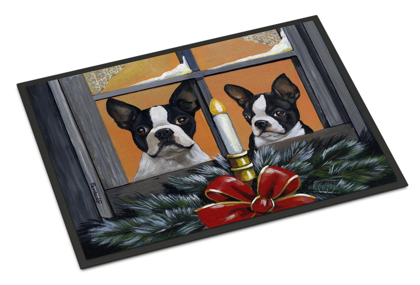 Caroline's Treasures PPP3248JMAT Boston Terrier Looking for Santa Christmas Doormat 24x36 Front Door Mat Indoor Outdoor Rugs for Entryway, Non Slip Washable Low Pile, 24H X 36W