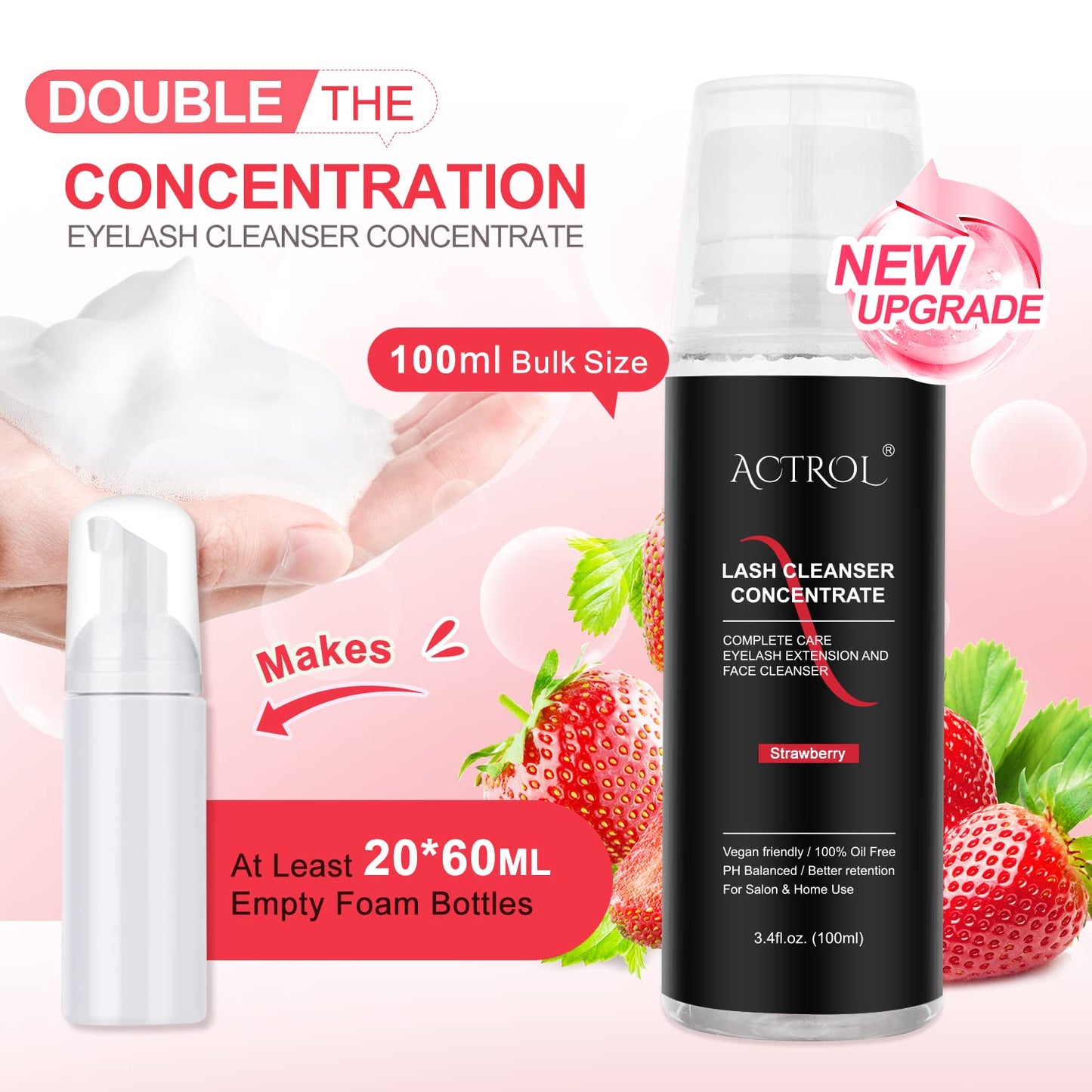 ACTROL Eyelash Cleanser Concentrate 100ml Strawberry Professional Lash Shampoo Foaming Cleanser Paraben & Sulfate Free Non-lrritating Wash for Extensions Lashes Care-Makes 20 Bottles