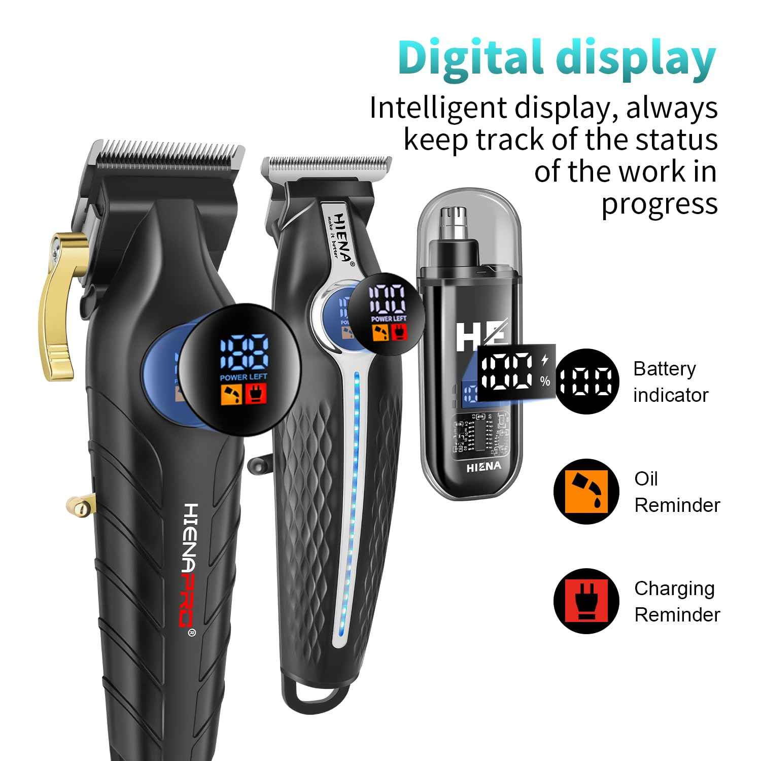 HIENA PRO Professional Hair Clippers for Men, Electric Hair Clipper Set for Barber Kit ，Hair Clipper and Trimmer Set，Full Barber Clipper Set with LED Display Gifts Mens (Silver)