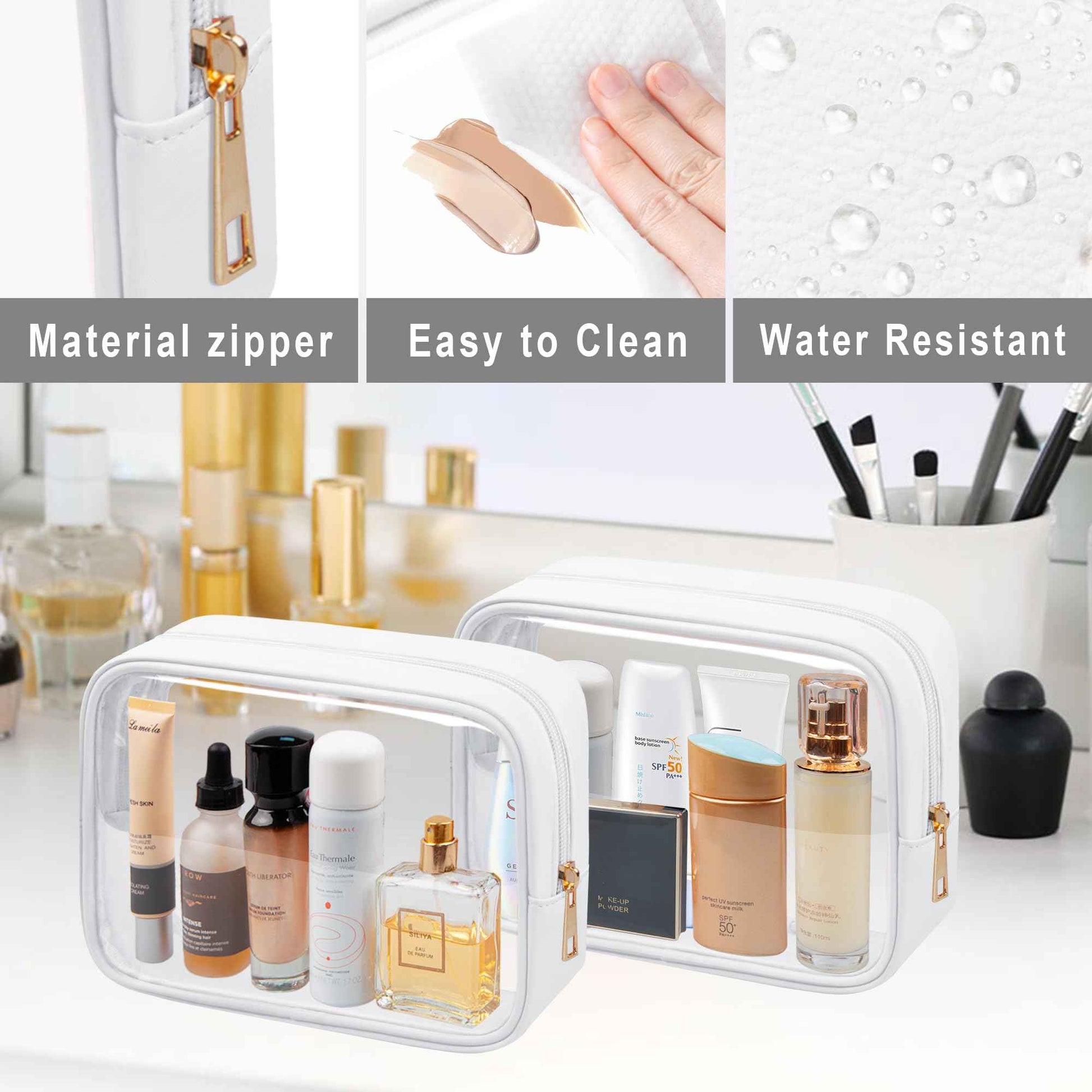 Ebbniur TSA Toiletry Bag Clear Makeup Bag Travel Essentials Cosmetic Bag for Men and Women White 2Pcs