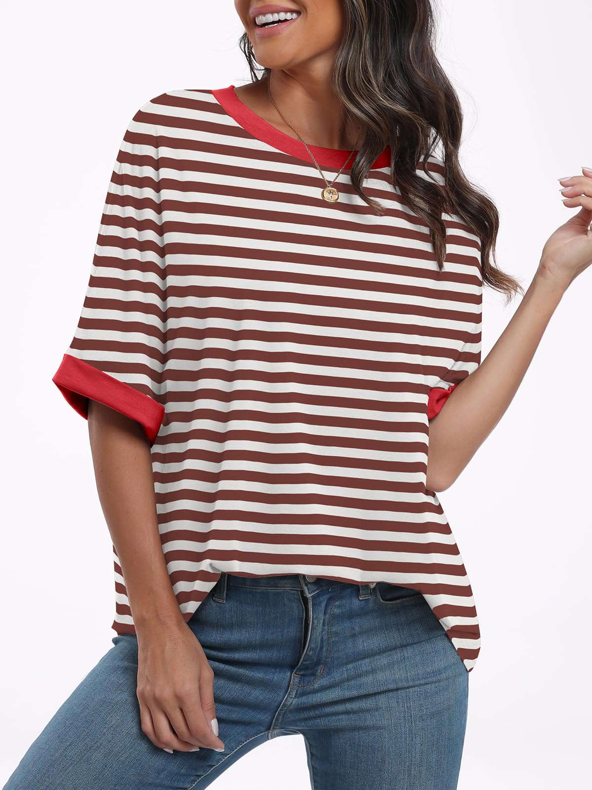 ANRABESS Women's Oversized T Shirts Striped Short Sleeve Crewneck Summer Tops Casual Loose Basic Tee Shirts 2024 Trendy Clothes Brown-White Small