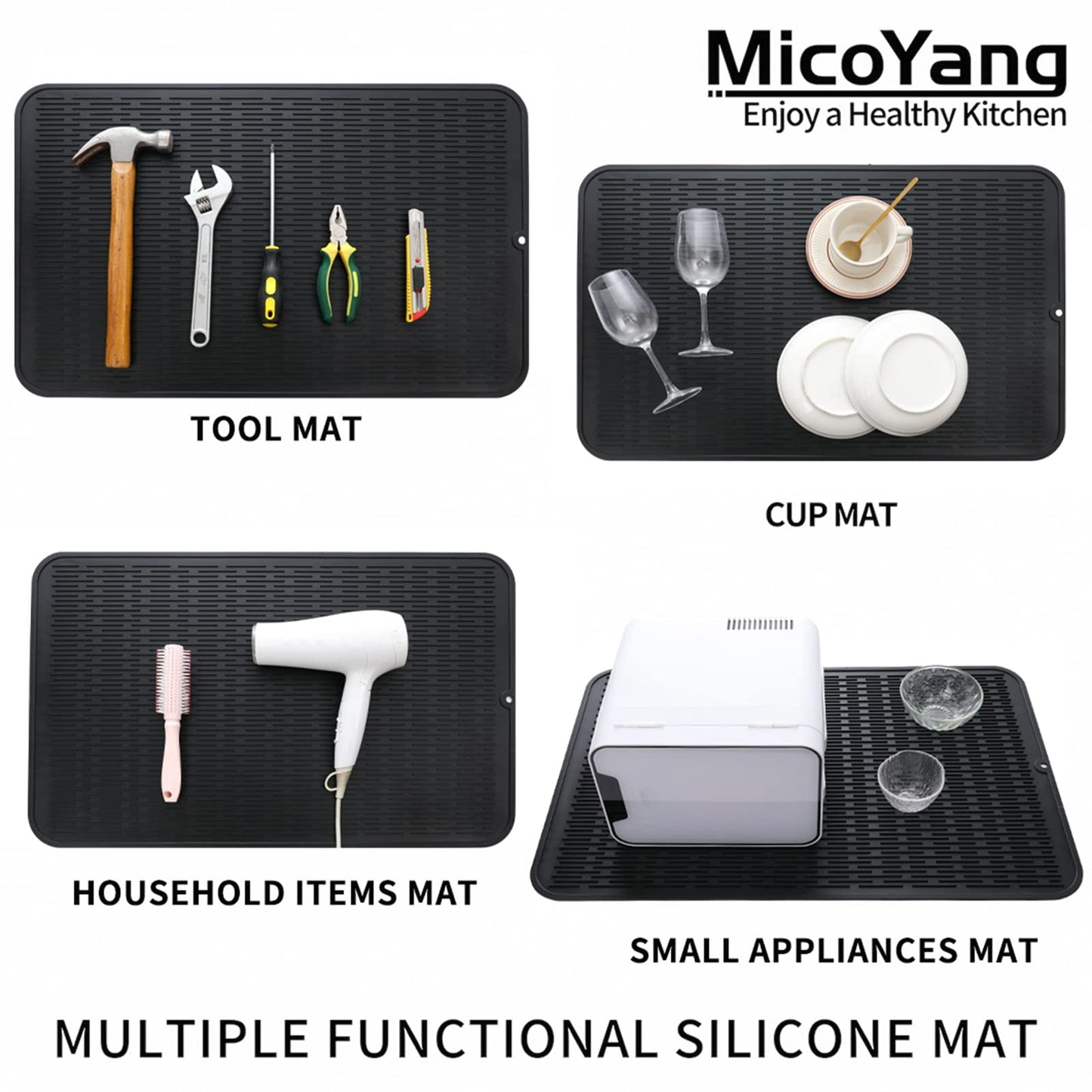 MicoYang Silicone Dish Drying Mat for Multiple Usage,Easy clean,Eco-friendly,Heat-resistant Silicone Mat for Kitchen Counter or Sink,Refrigerator or Drawer Liner Black XXXL 28 inches x 18 inches