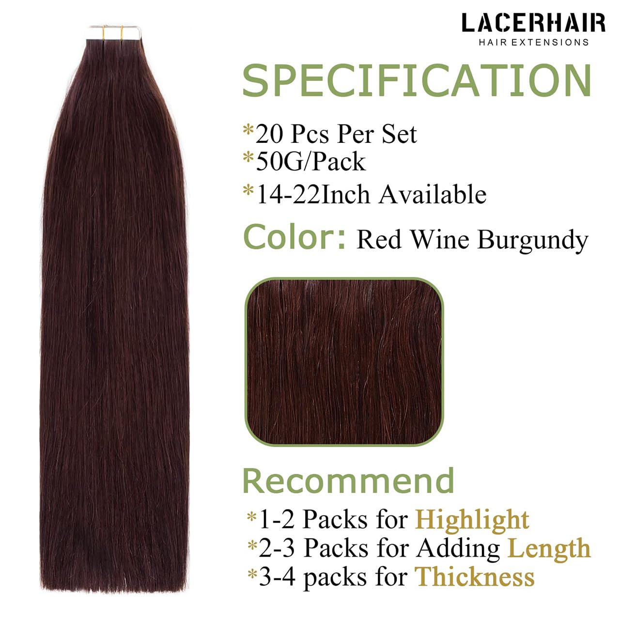 Lacer Wine Tape in Hair Extensions Human Hair Burgundy Double Sided Silky Straight Seamless Skin Weft 100% Virgin Burgundy Tape in Human Hair Extensions 50g 20pcs 16 Inch #99J