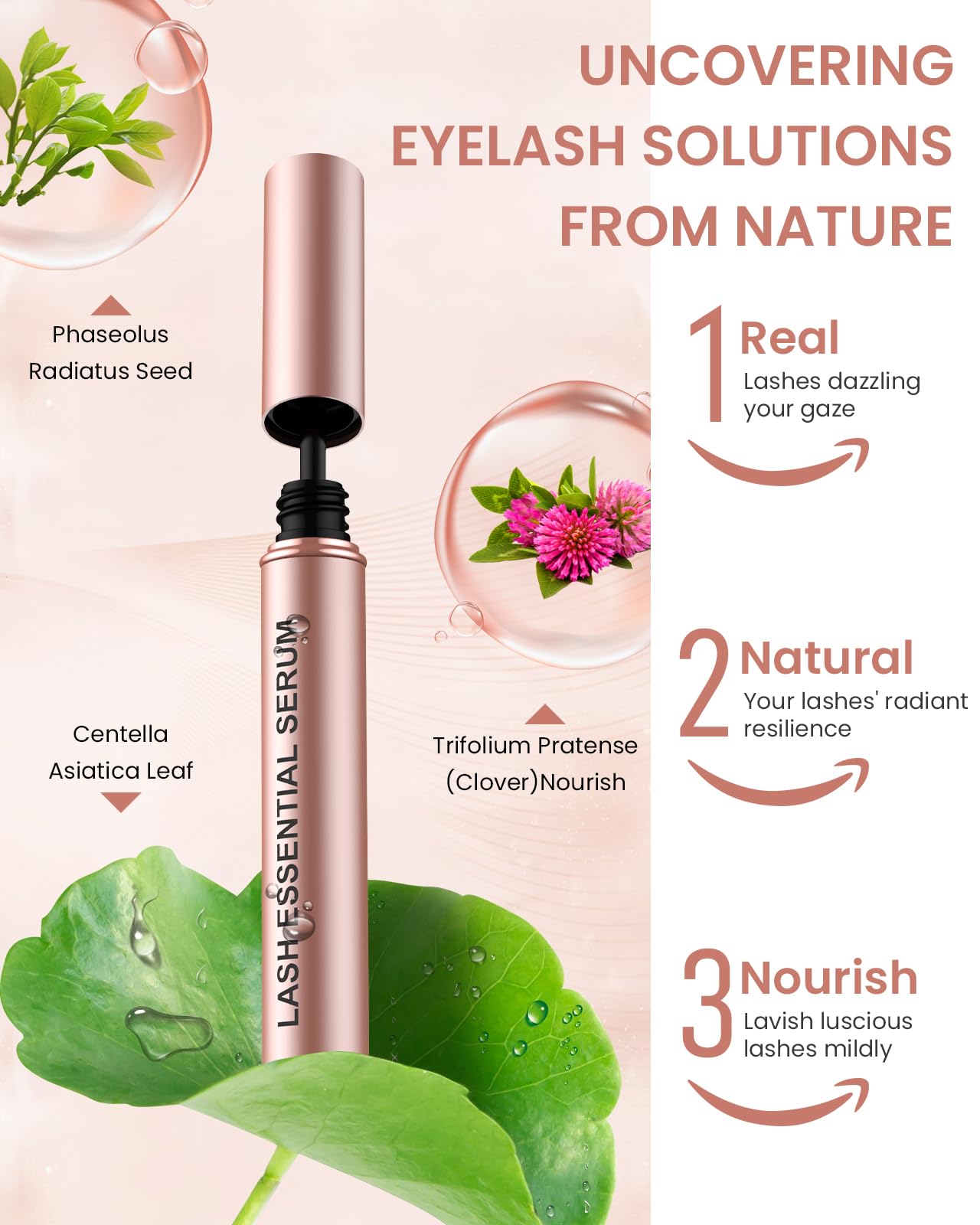 Feyano Eyelash Serum - Natural Comestic Eyelash Serum for Longer, Thicker Lashes & Brows, Boost Lash Serum Vegan & Cruelty-Free-Niacinamide, Centella Asiatica Leaf Extract(5 mLPink)